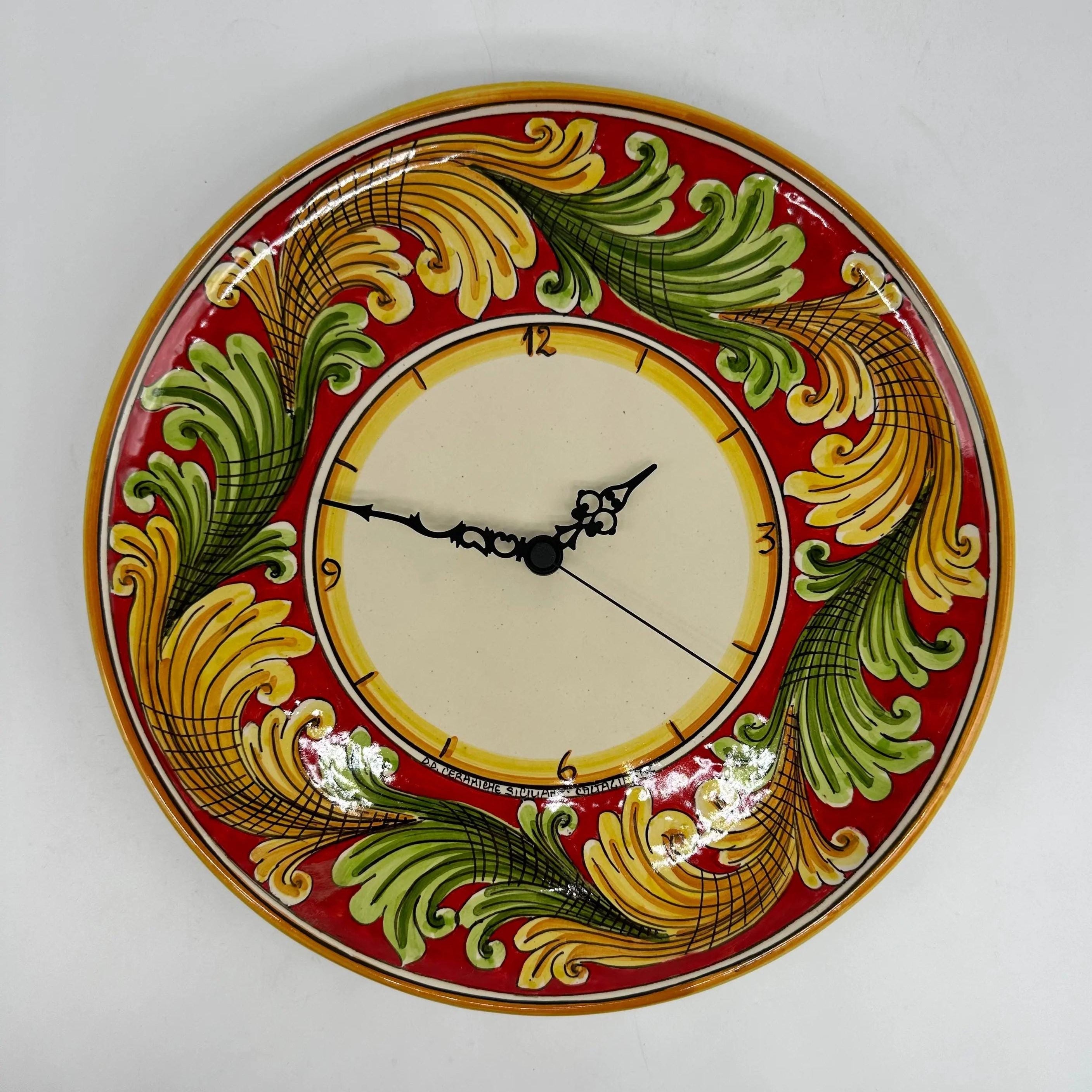 Orologio da Parete Ceramica Caltagirone Rotondo dipinto a mano cm D.30 Decoro n.9g DD CERAMICHE SICILIANE