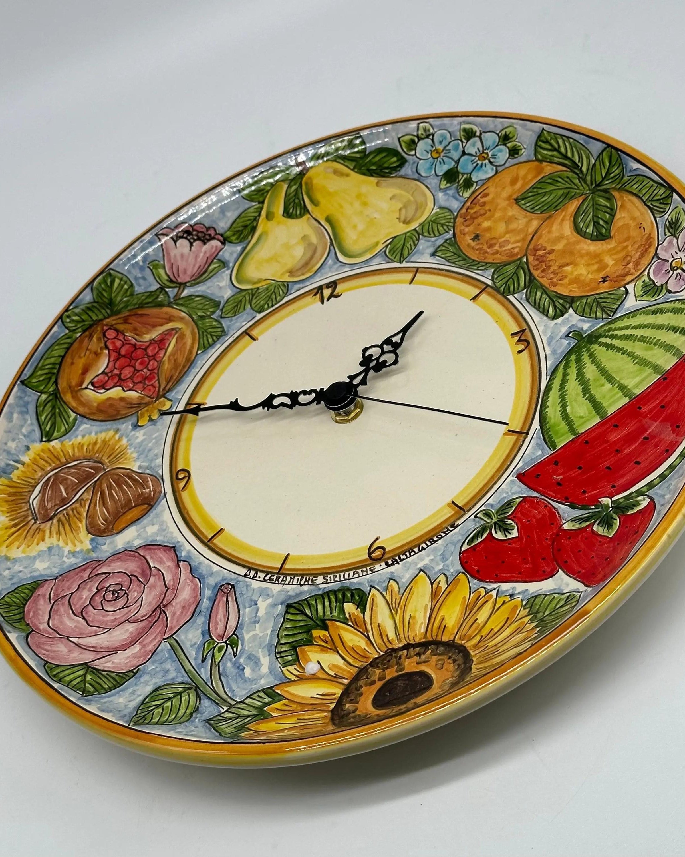 Orologio da Parete Ceramica Caltagirone Rotondo dipinto a mano cm D.30 Decoro n.12g DD CERAMICHE SICILIANE