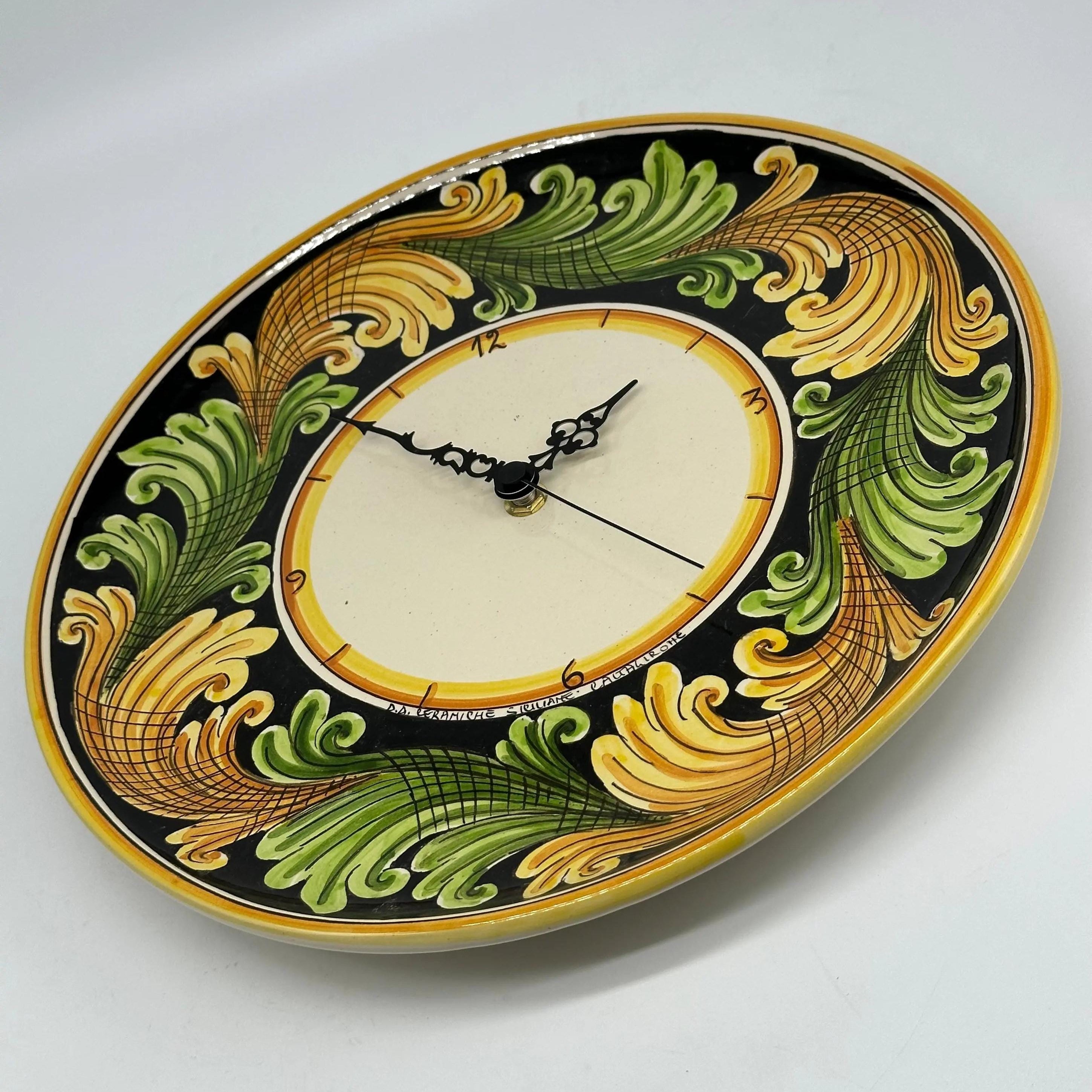 Orologio da Parete Ceramica Caltagirone Rotondo dipinto a mano cm D.30 Decoro n.10g DD CERAMICHE SICILIANE
