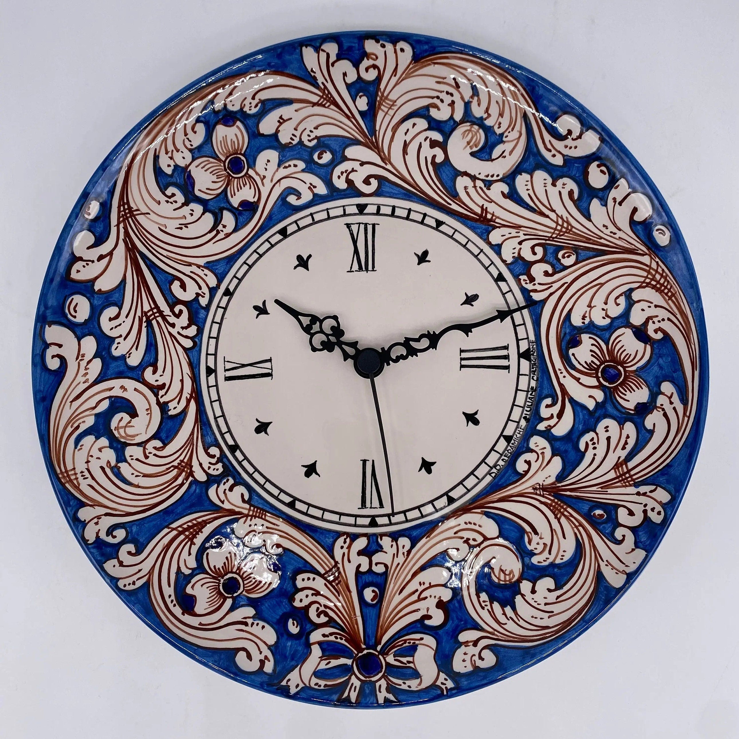 Orologio da Parete Ceramica Caltagirone Rotondo dipinto a mano cm D.30 Decoro n.5 DD CERAMICHE SICILIANE