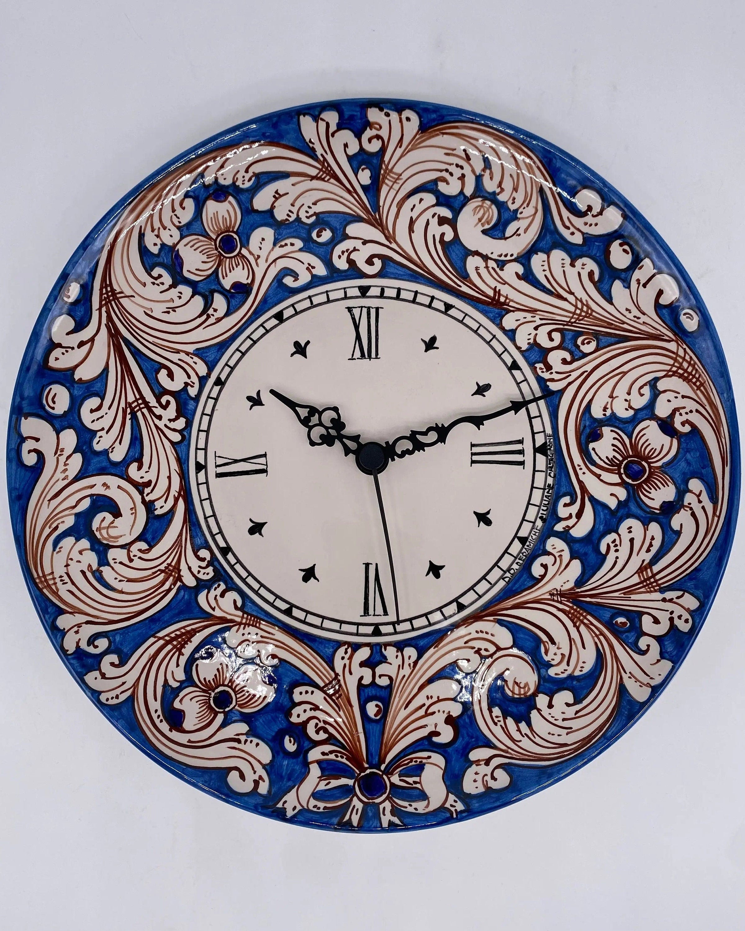 Orologio da Parete Ceramica Caltagirone Rotondo dipinto a mano cm D.30 Decoro n.5 DD CERAMICHE SICILIANE