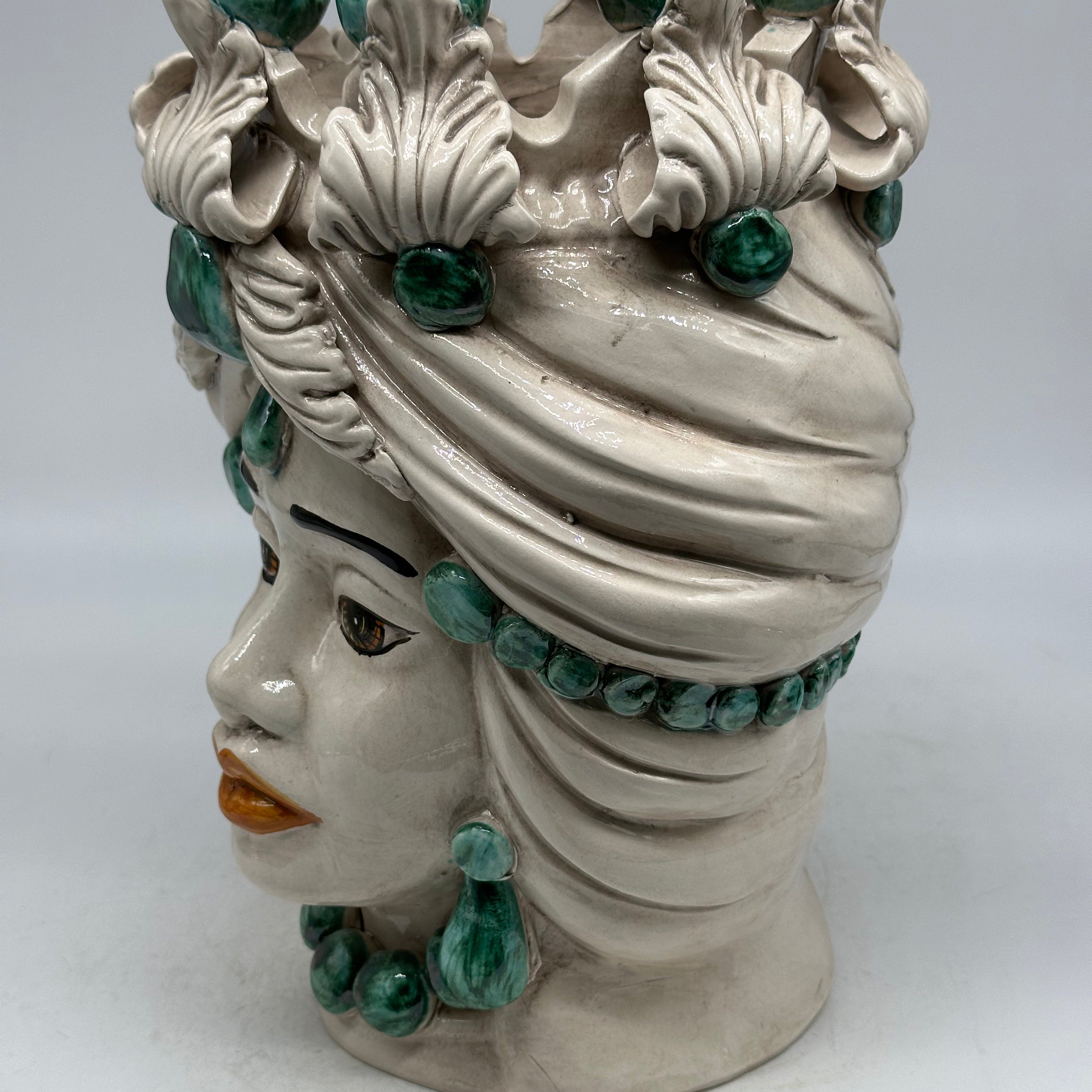 Pezzo con Difetto - Testa di Moro Corona Sfere Verde Donna Ceramica Caltagirone cm H.30 L.23 Artigianale - TESTE DI MORO