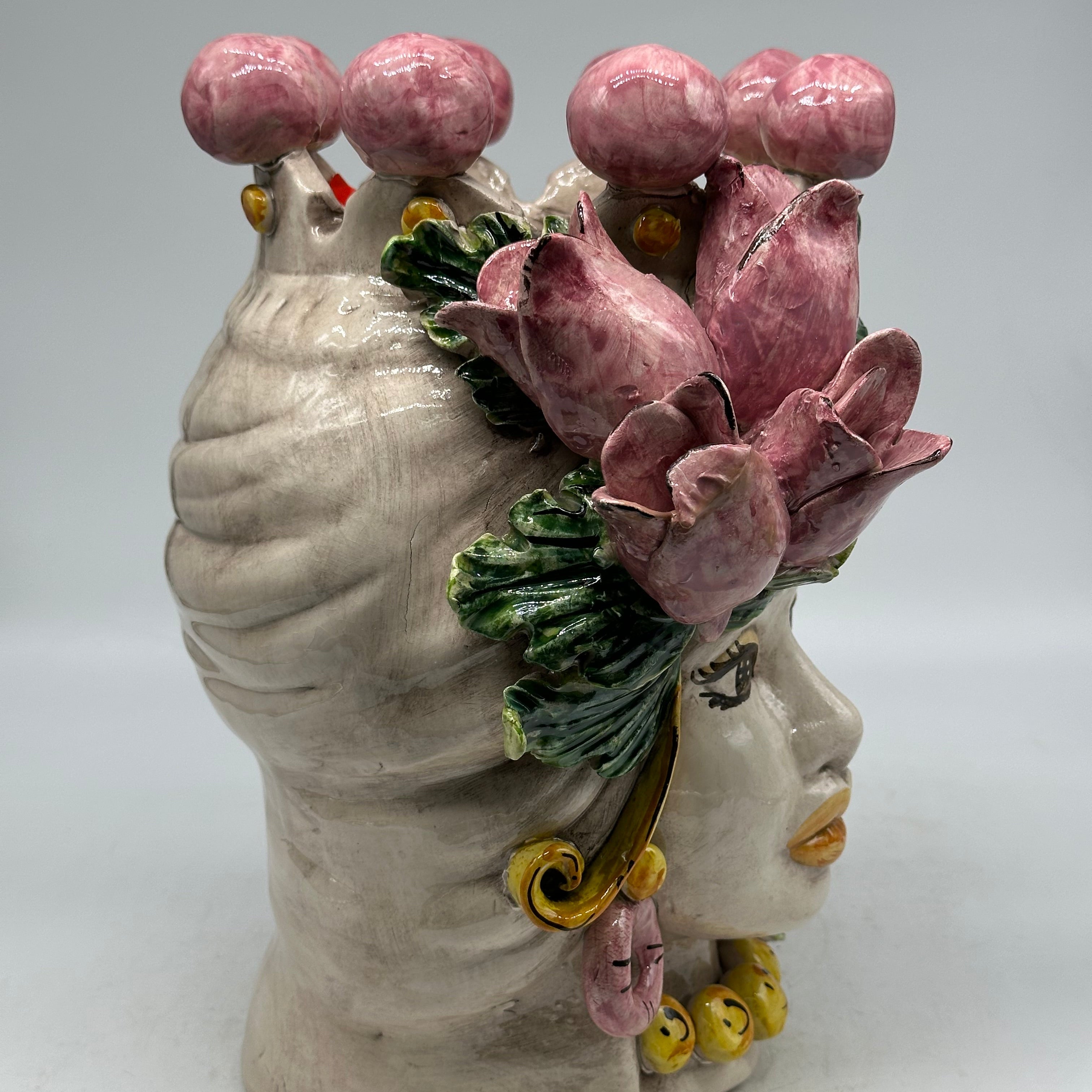 Pezzo con Difetto - Testa di Moro Tulipani Donna Ceramica Caltagirone cm H.30 L.23 Artigianale - TESTE DI MORO