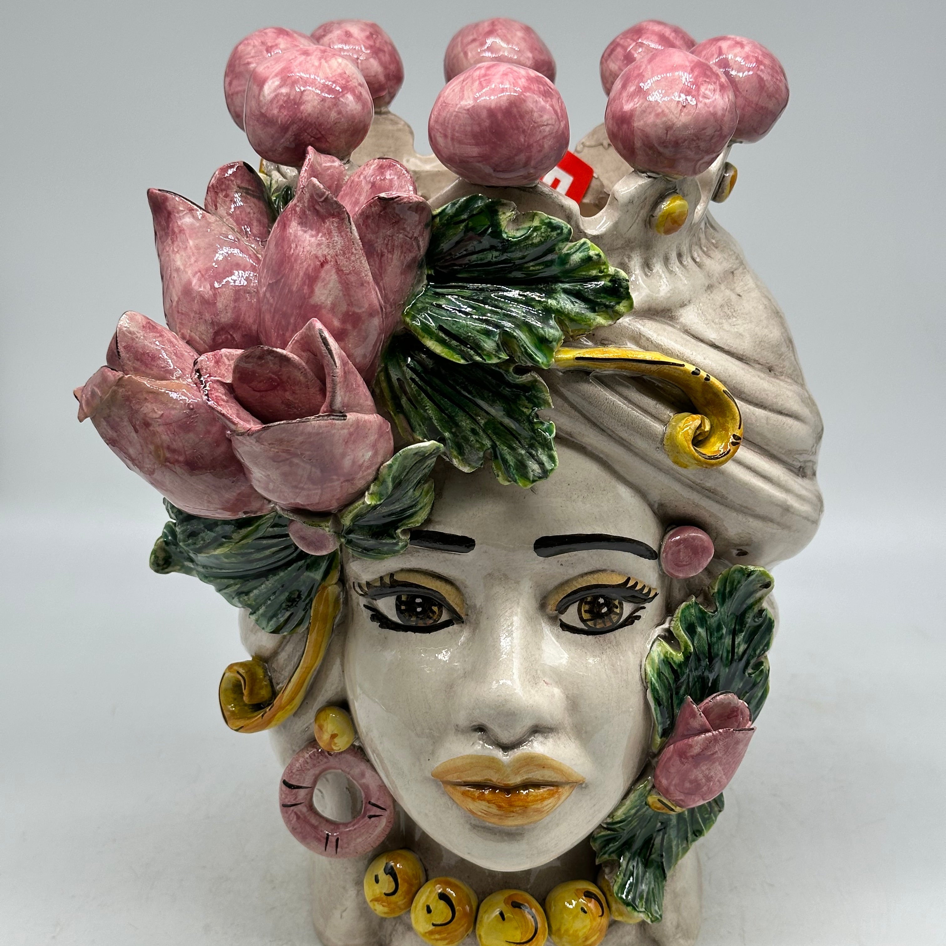 Pezzo con Difetto - Testa di Moro Tulipani Donna Ceramica Caltagirone cm H.30 L.23 Artigianale - TESTE DI MORO