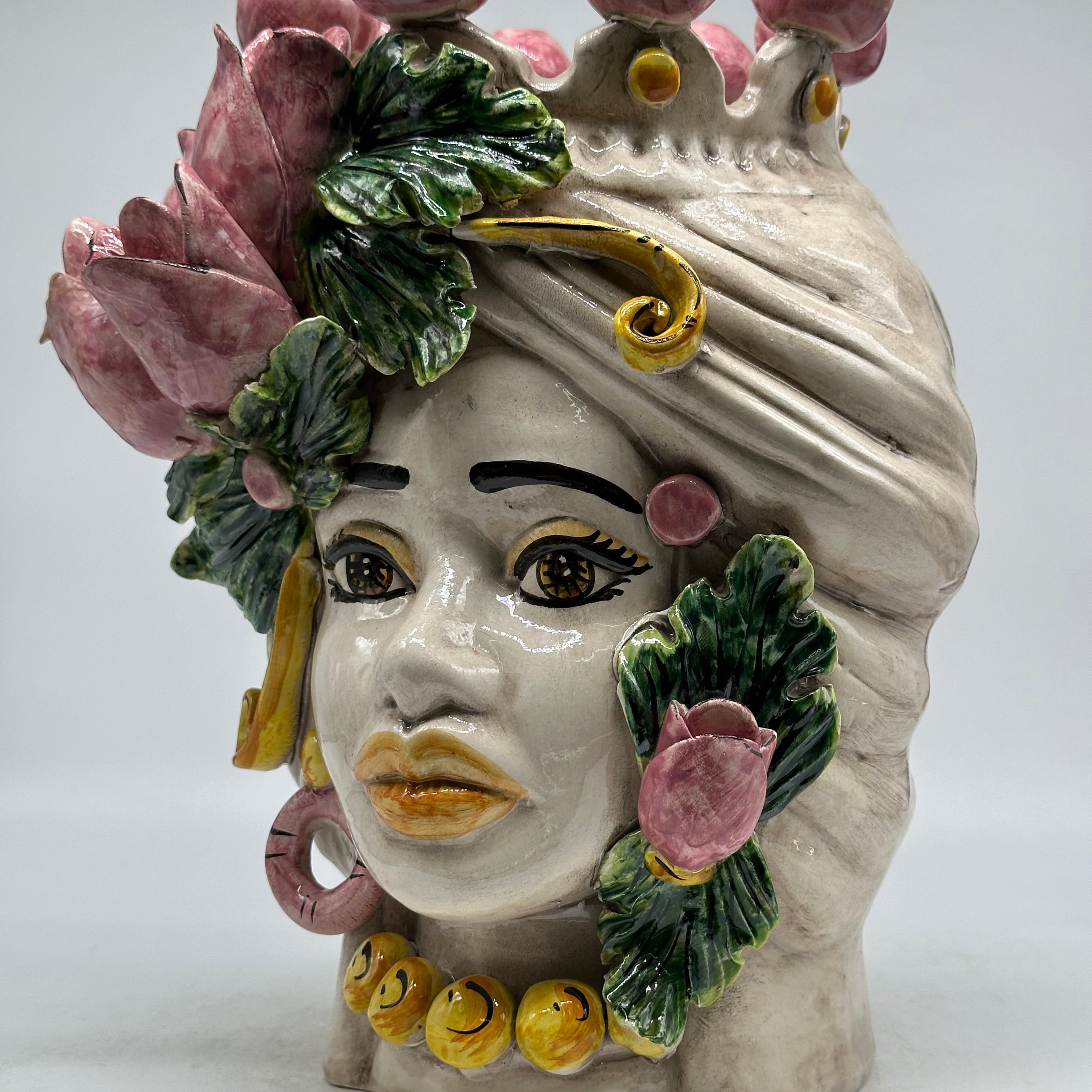 Pezzo con Difetto - Testa di Moro Tulipani Donna Ceramica Caltagirone cm H.30 L.23 Artigianale - TESTE DI MORO