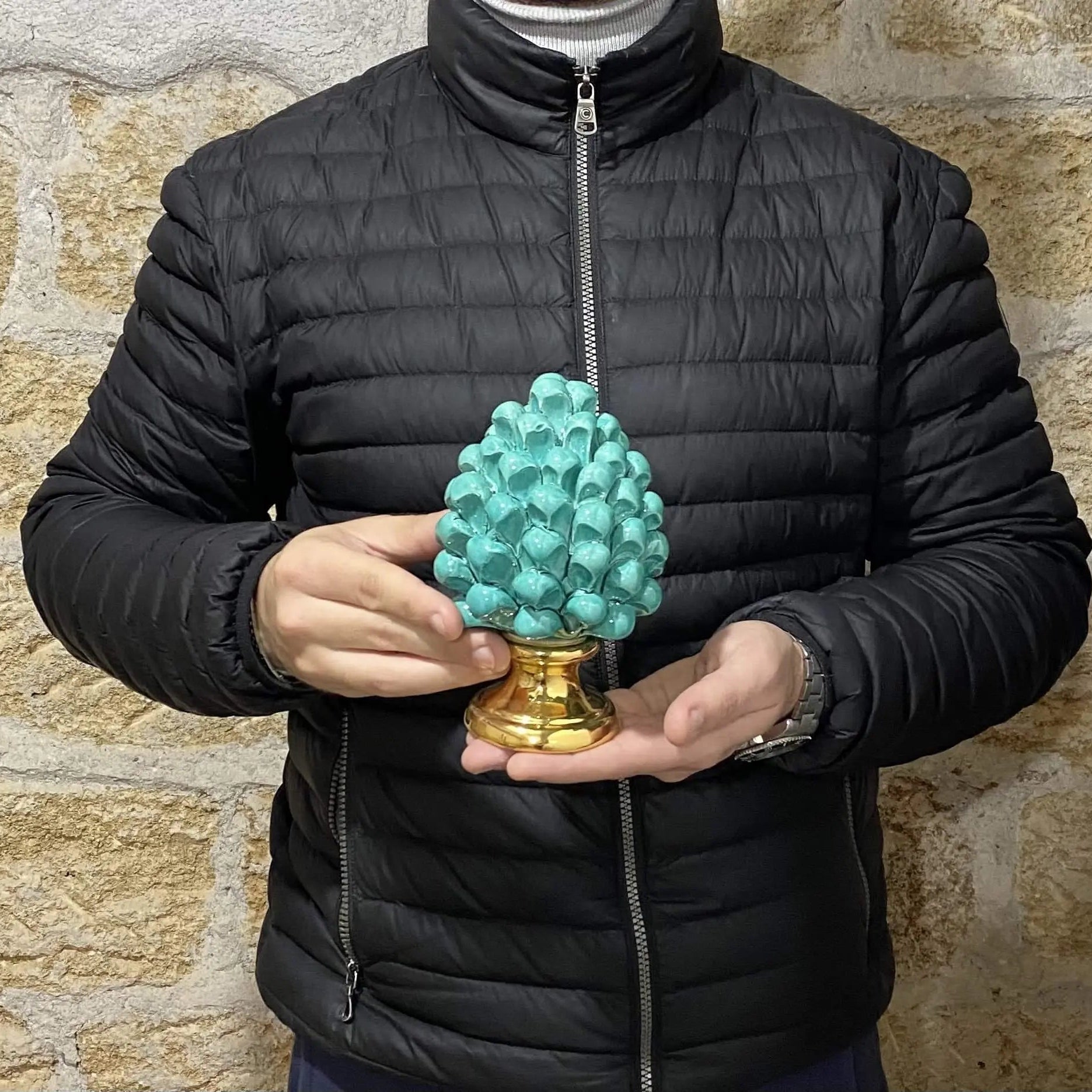 Pigna Aurum Ceramica Caltagirone cm H.15 Artigianale Verde Acqua DD CERAMICHE SICILIANE