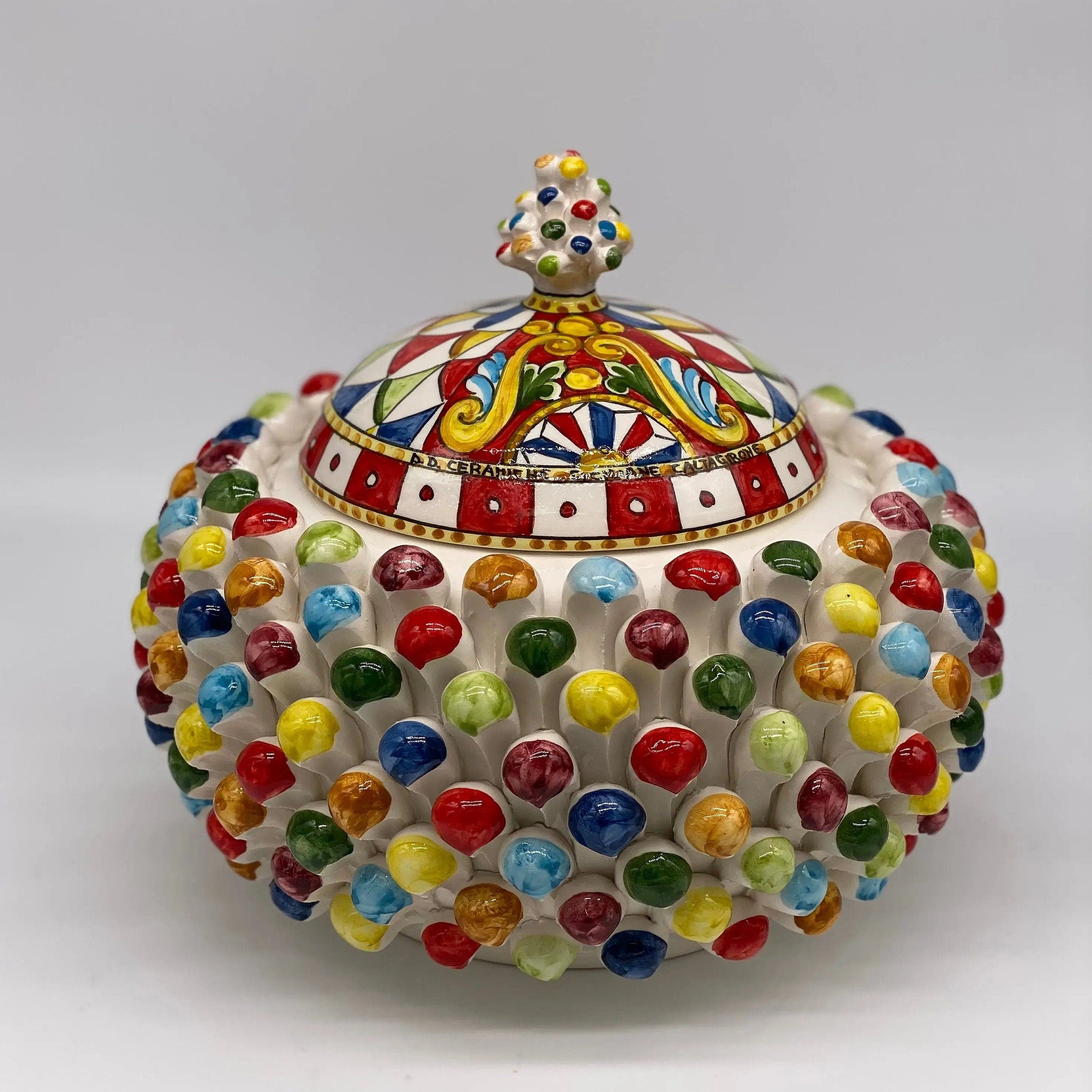 Pigna Biscottiera “Carretto” Ceramica Caltagirone cm H.23 L.25 D.14 Artigianale Multicolor DD CERAMICHE SICILIANE