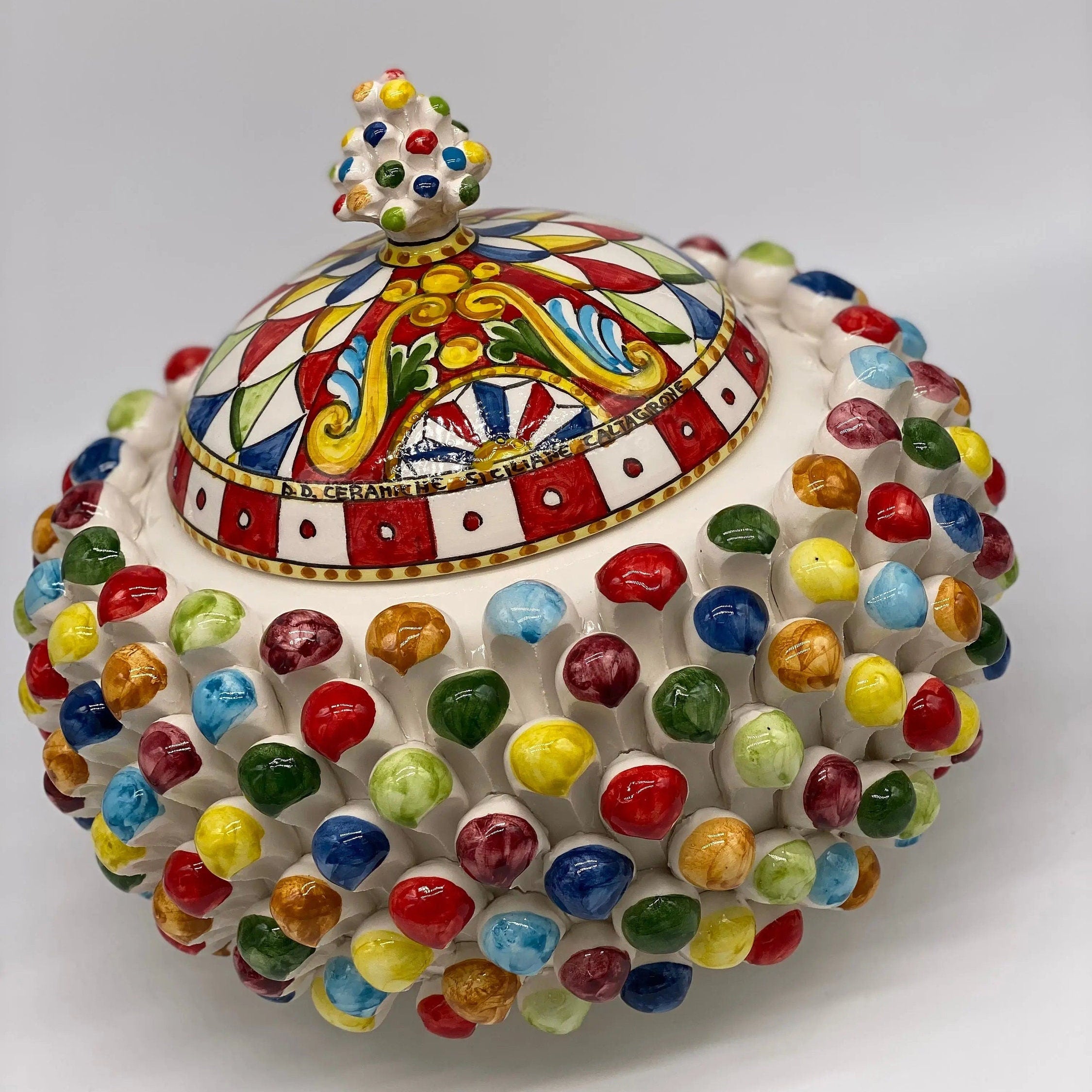 Pigna Biscottiera “Carretto” Ceramica Caltagirone cm H.23 L.25 D.14 Artigianale Multicolor DD CERAMICHE SICILIANE