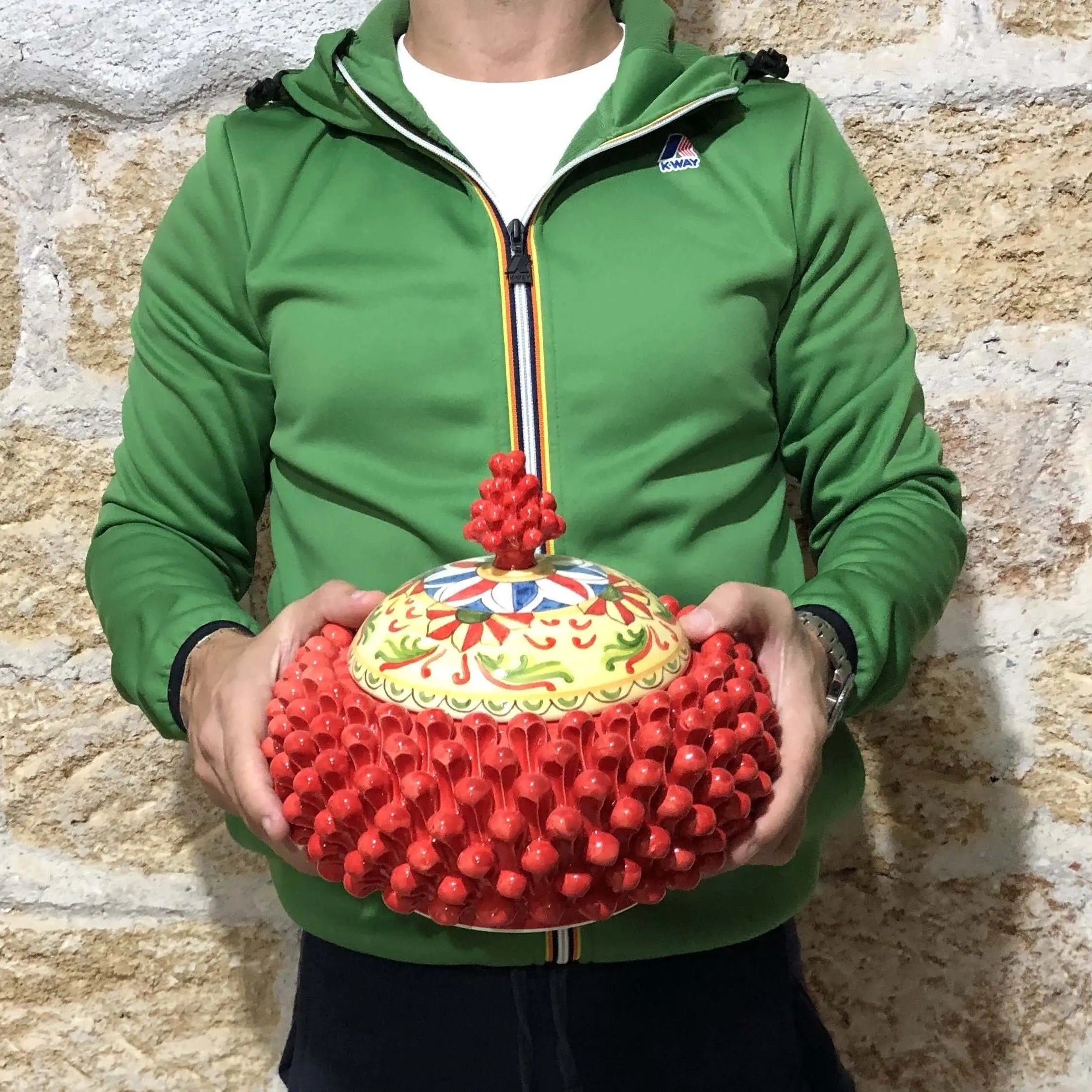 Pigna Biscottiera Decorata Ceramica Caltagirone cm H.23 L.25 D.14 Artigianale Rosso DD CERAMICHE SICILIANE