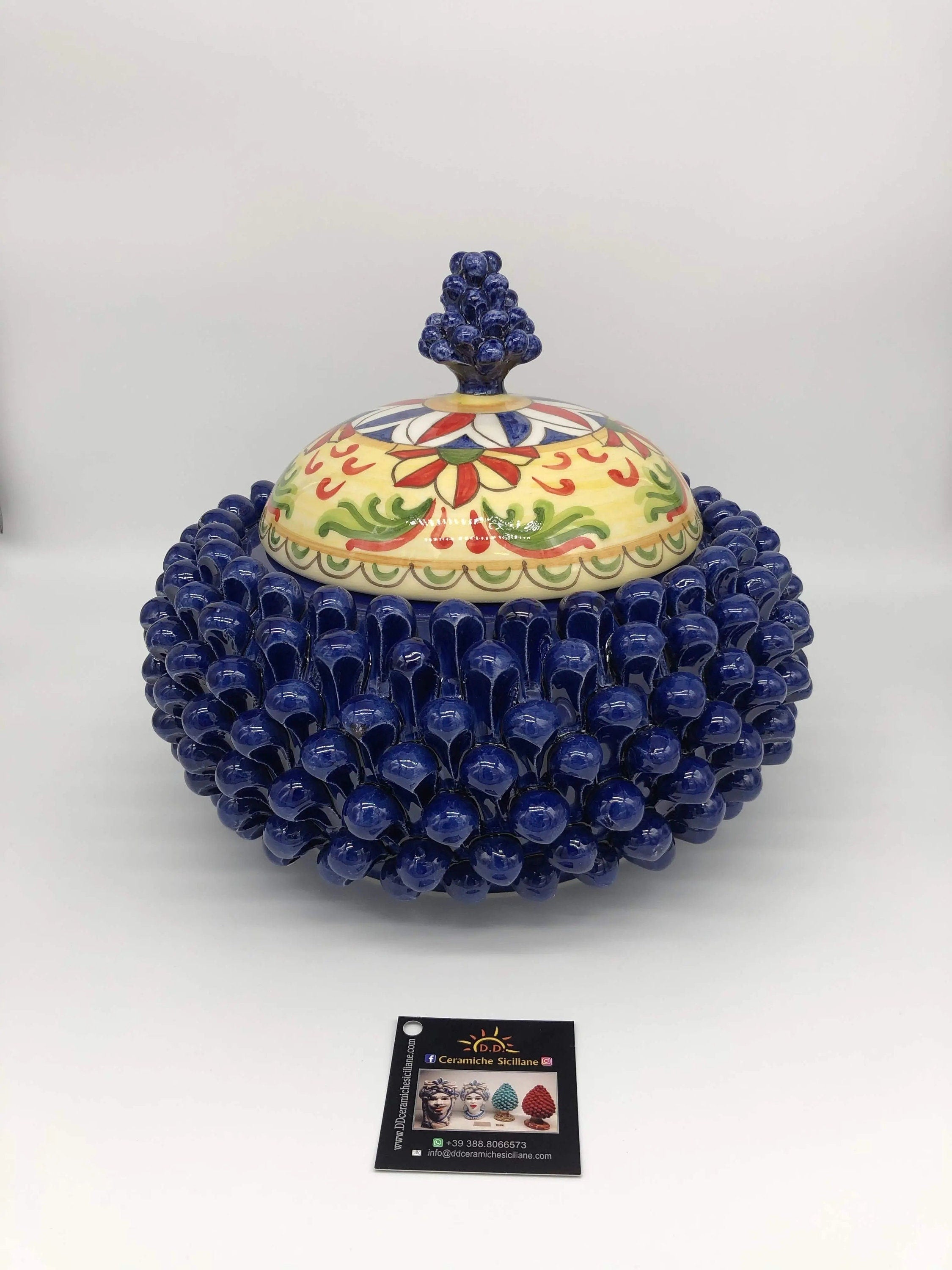Pigna Biscottiera Decorata Ceramica Caltagirone cm H.23 L.25 D.14 Artigianale Blu DD CERAMICHE SICILIANE