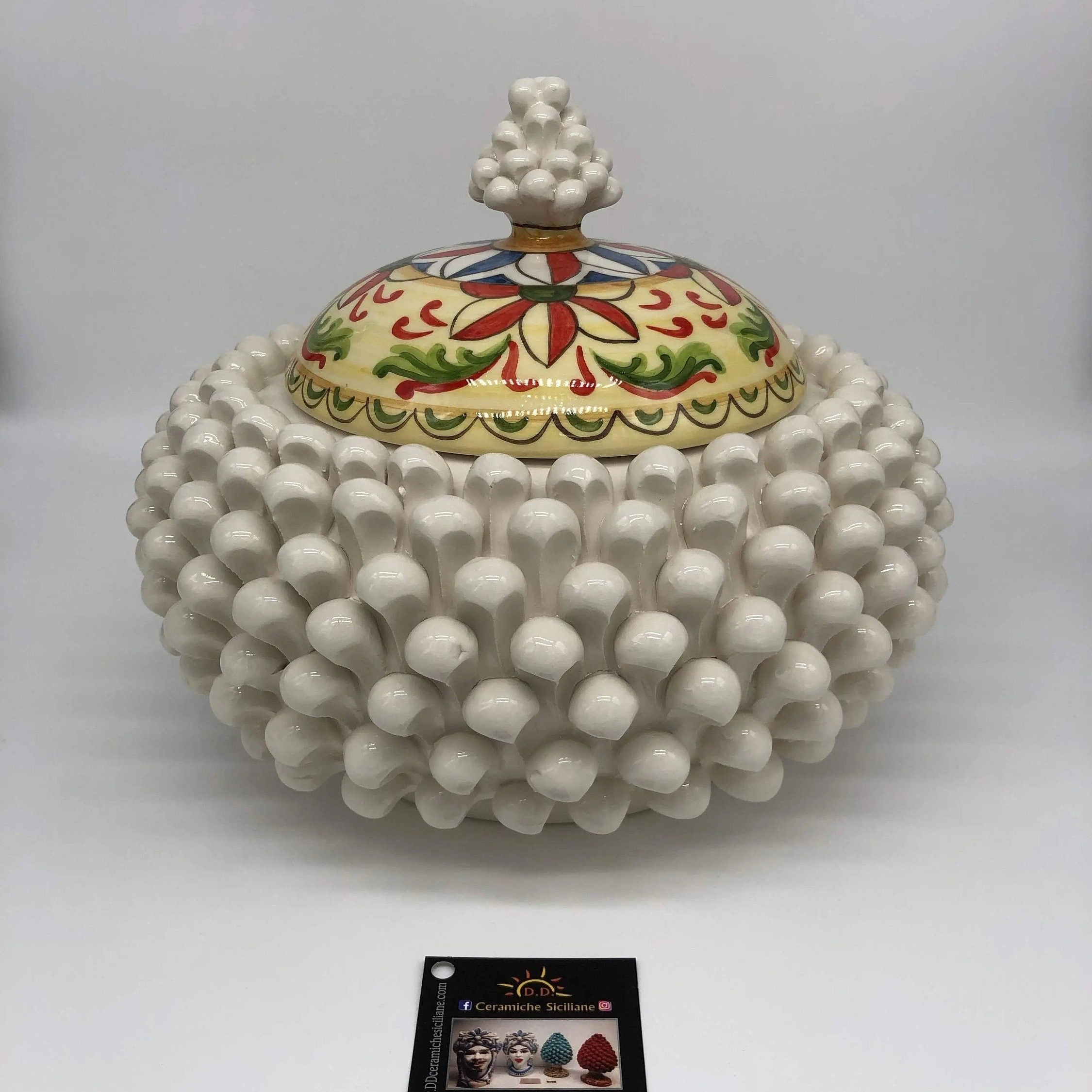 Pigna Biscottiera Decorata Ceramica Caltagirone cm H.23 L.25 D.14 Artigianale Bianco DD CERAMICHE SICILIANE