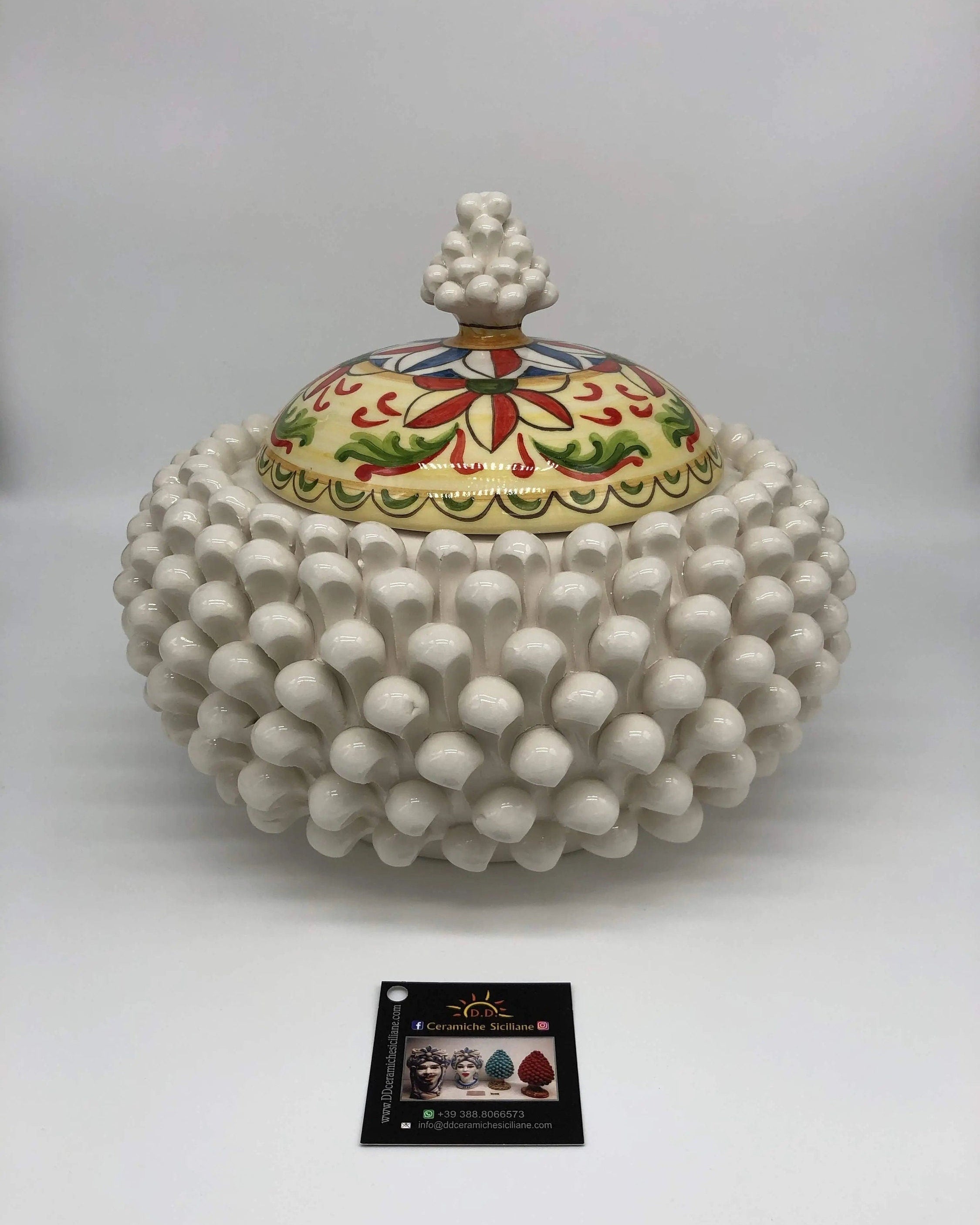 Pigna Biscottiera Decorata Ceramica Caltagirone cm H.23 L.25 D.14 Artigianale Bianco DD CERAMICHE SICILIANE