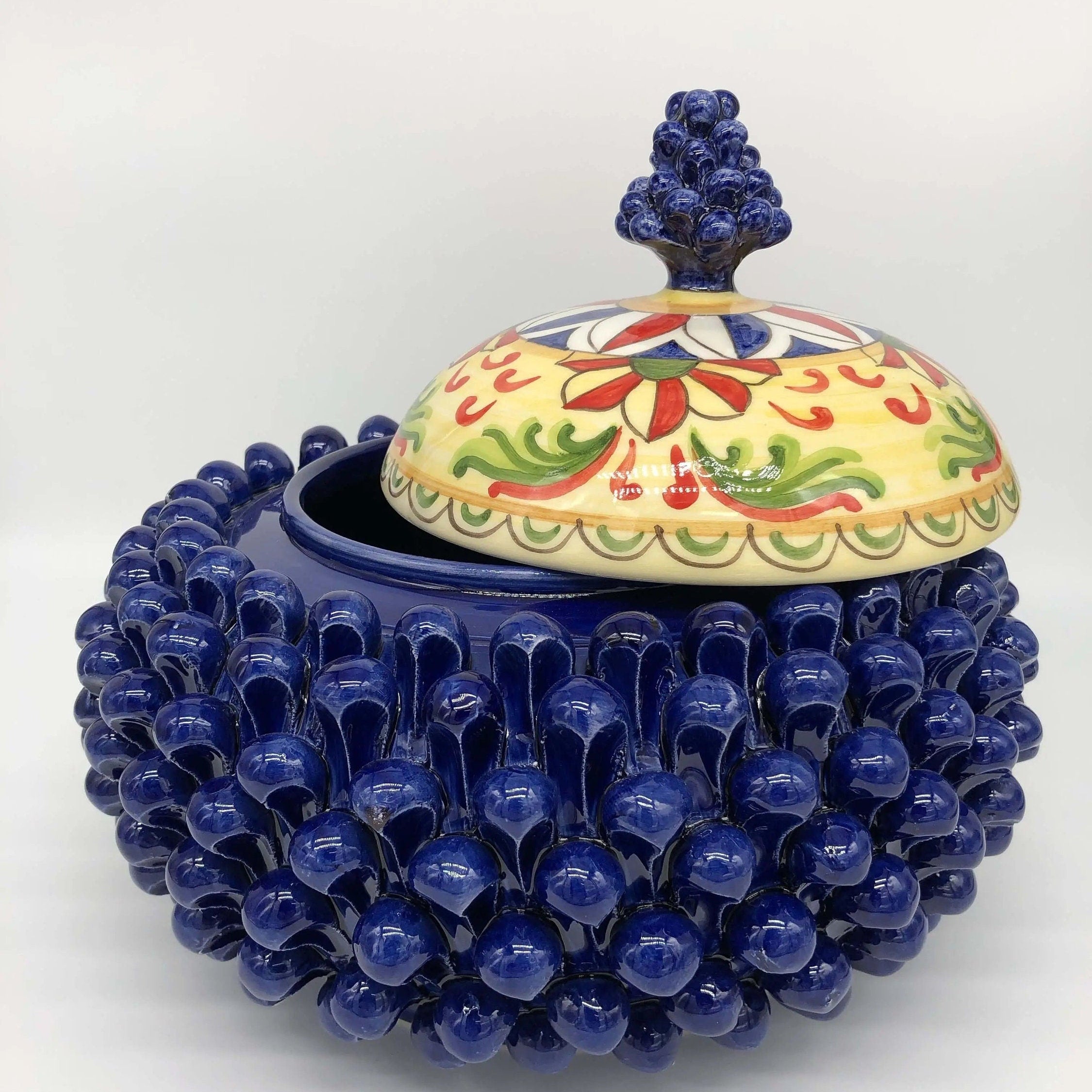 Pigna Biscottiera Decorata Ceramica Caltagirone cm H.23 L.25 D.14 Artigianale Blu DD CERAMICHE SICILIANE