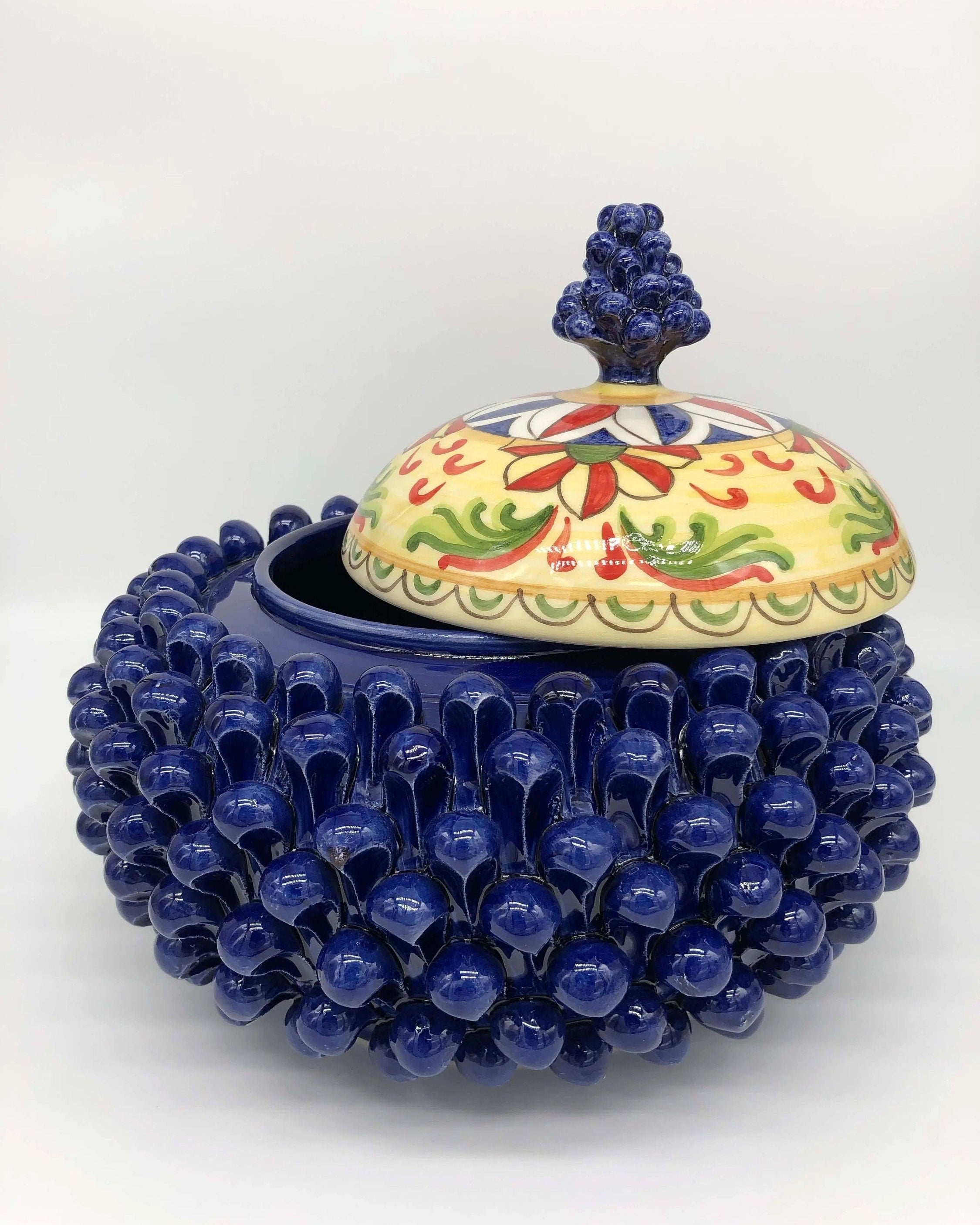 Pigna Biscottiera Decorata Ceramica Caltagirone cm H.23 L.25 D.14 Artigianale Blu DD CERAMICHE SICILIANE