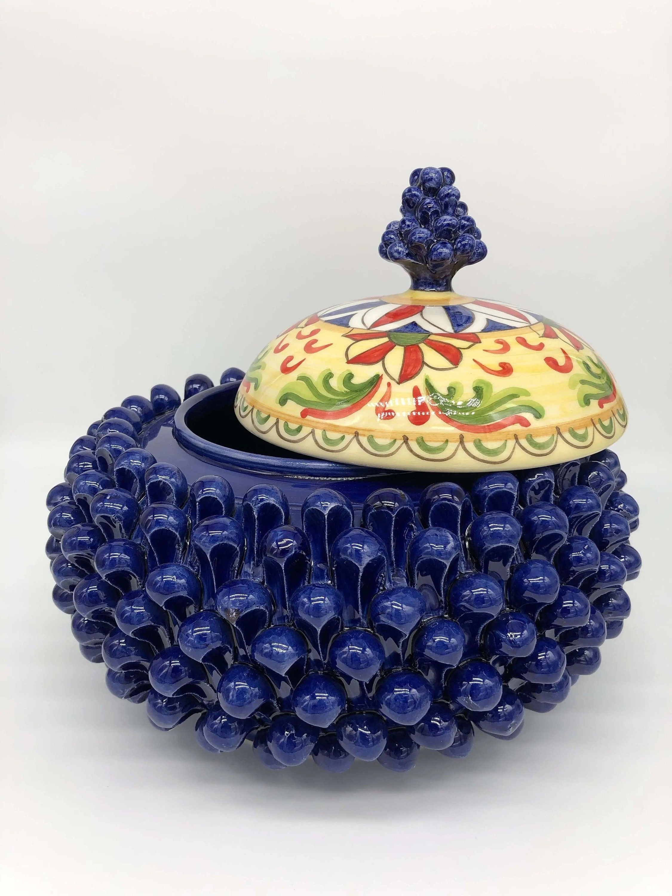 Pigna Biscottiera Decorata Ceramica Caltagirone cm H.23 L.25 D.14 Artigianale Blu DD CERAMICHE SICILIANE