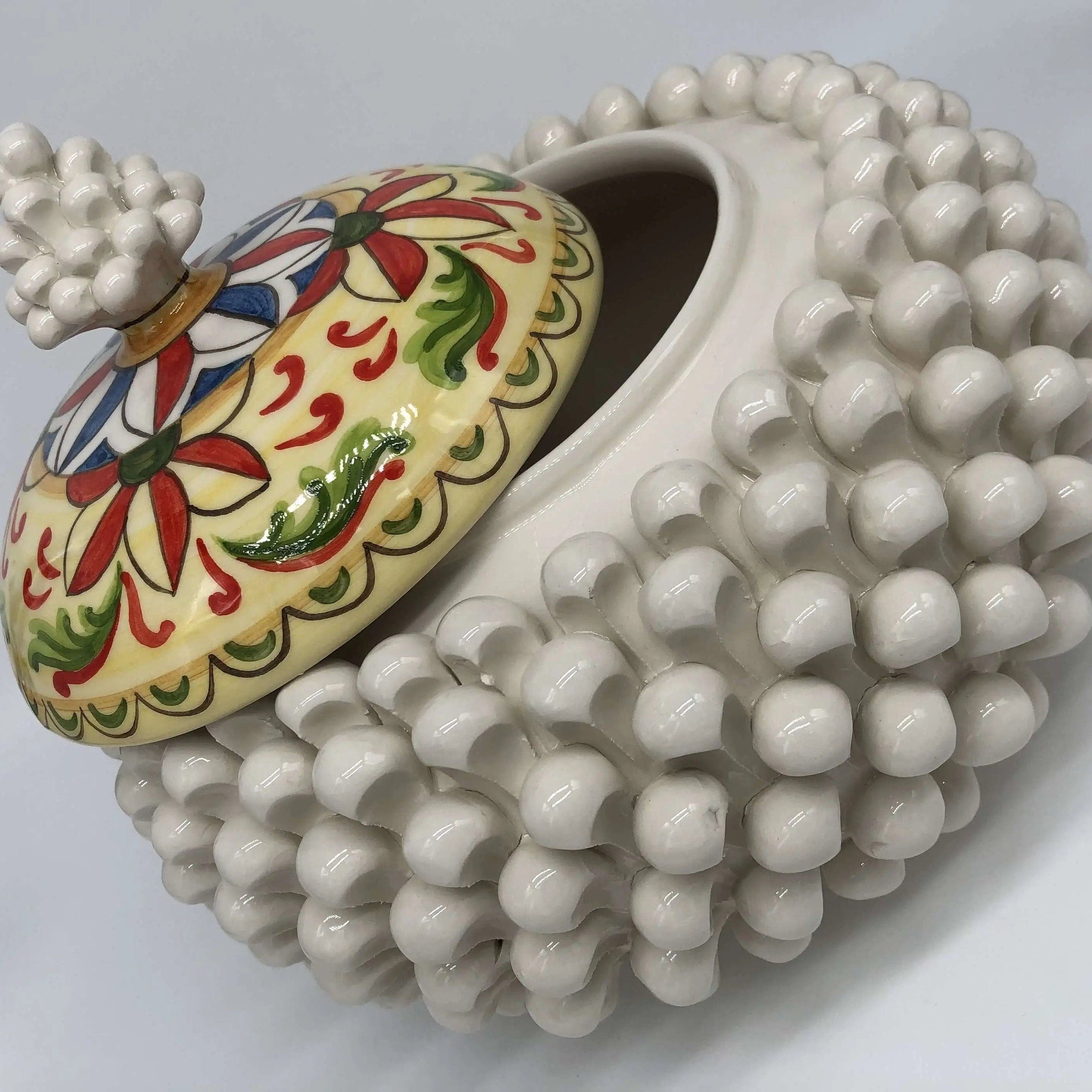 Pigna Biscottiera Decorata Ceramica Caltagirone cm H.23 L.25 D.14 Artigianale Bianco DD CERAMICHE SICILIANE