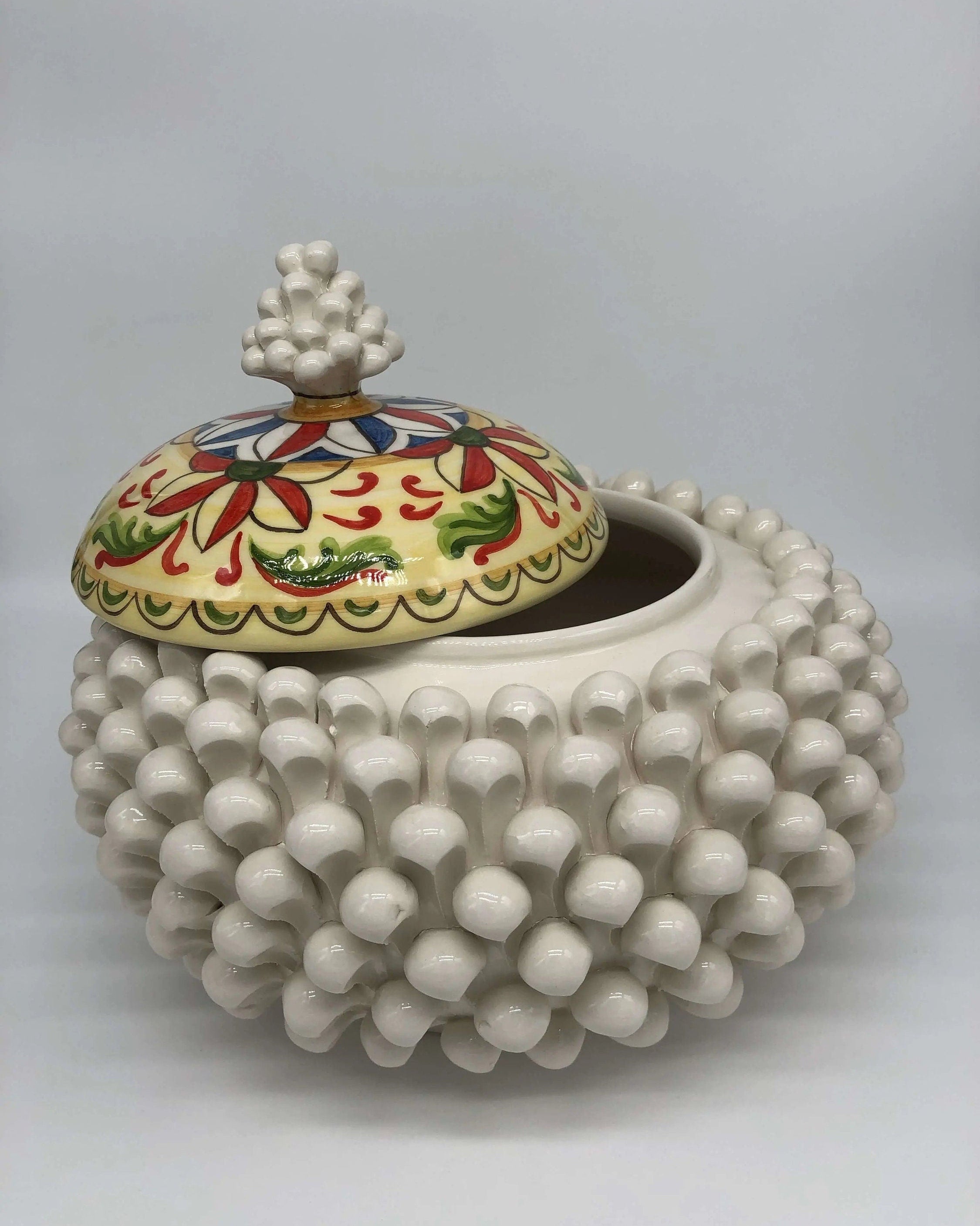 Pigna Biscottiera Decorata Ceramica Caltagirone cm H.23 L.25 D.14 Artigianale Bianco DD CERAMICHE SICILIANE
