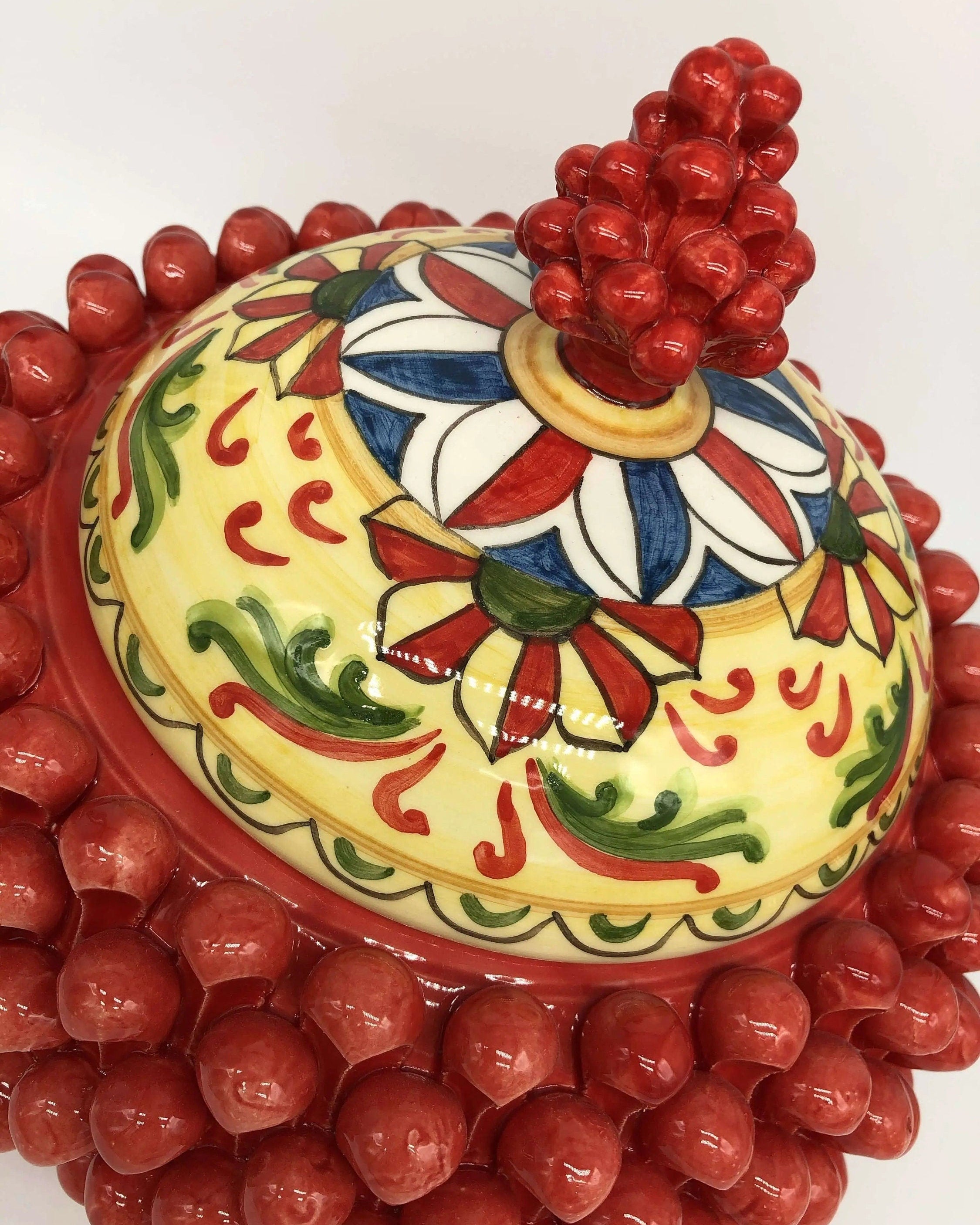 Pigna Biscottiera Decorata Ceramica Caltagirone cm H.23 L.25 D.14 Artigianale Rosso DD CERAMICHE SICILIANE