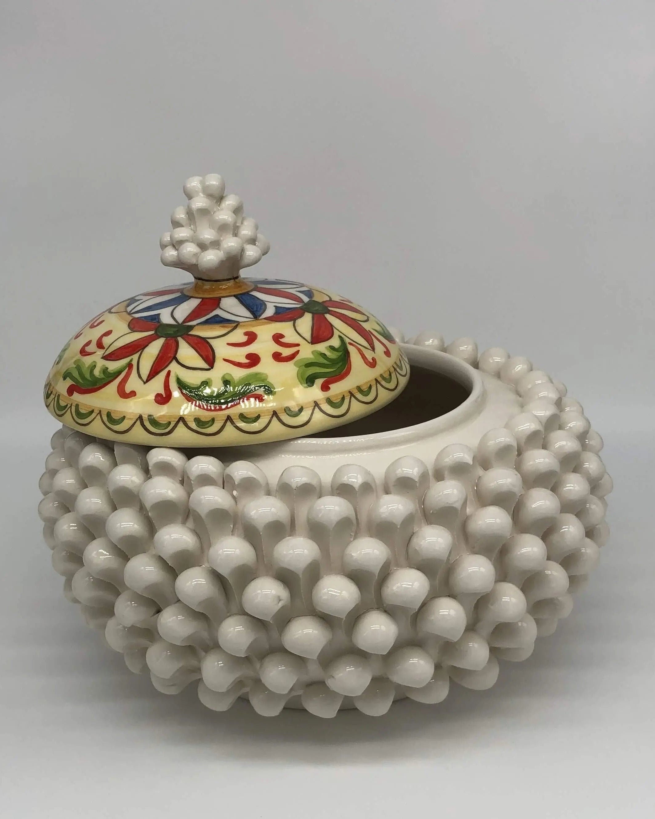 Pigna Biscottiera Decorata Ceramica Caltagirone cm H.23 L.25 D.14 Artigianale Bianco DD CERAMICHE SICILIANE