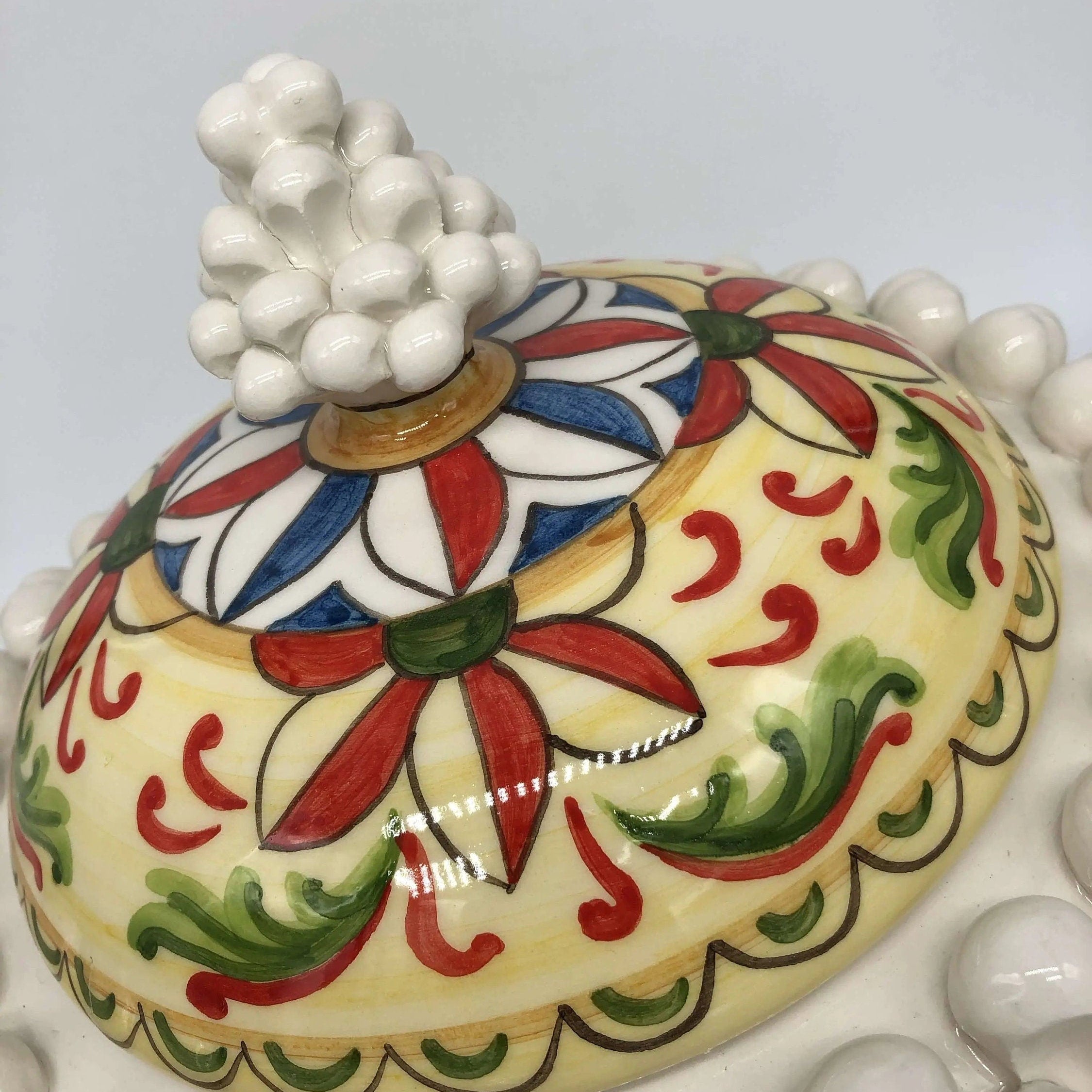 Pigna Biscottiera Decorata Ceramica Caltagirone cm H.23 L.25 D.14 Artigianale Bianco DD CERAMICHE SICILIANE