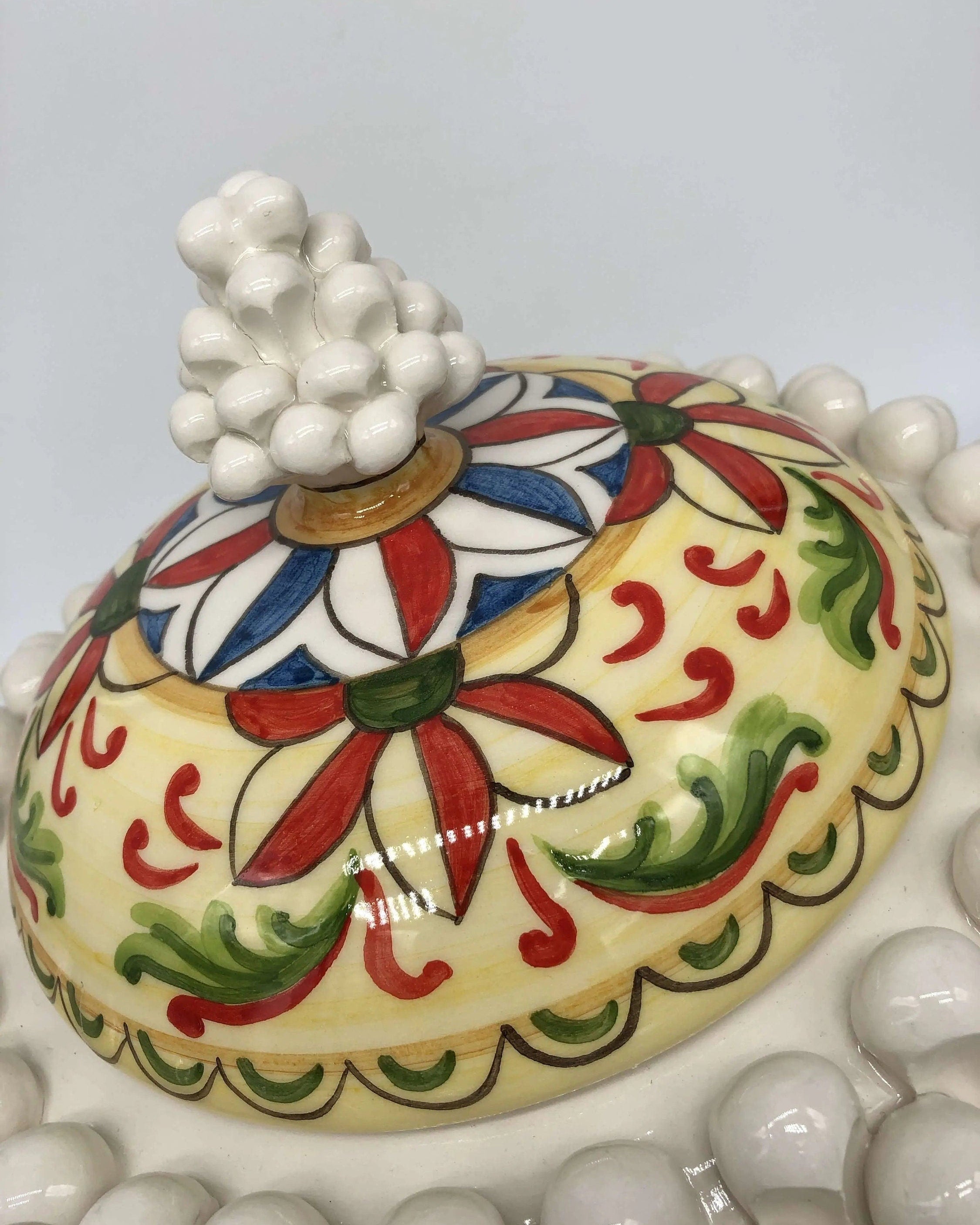 Pigna Biscottiera Decorata Ceramica Caltagirone cm H.23 L.25 D.14 Artigianale Bianco DD CERAMICHE SICILIANE