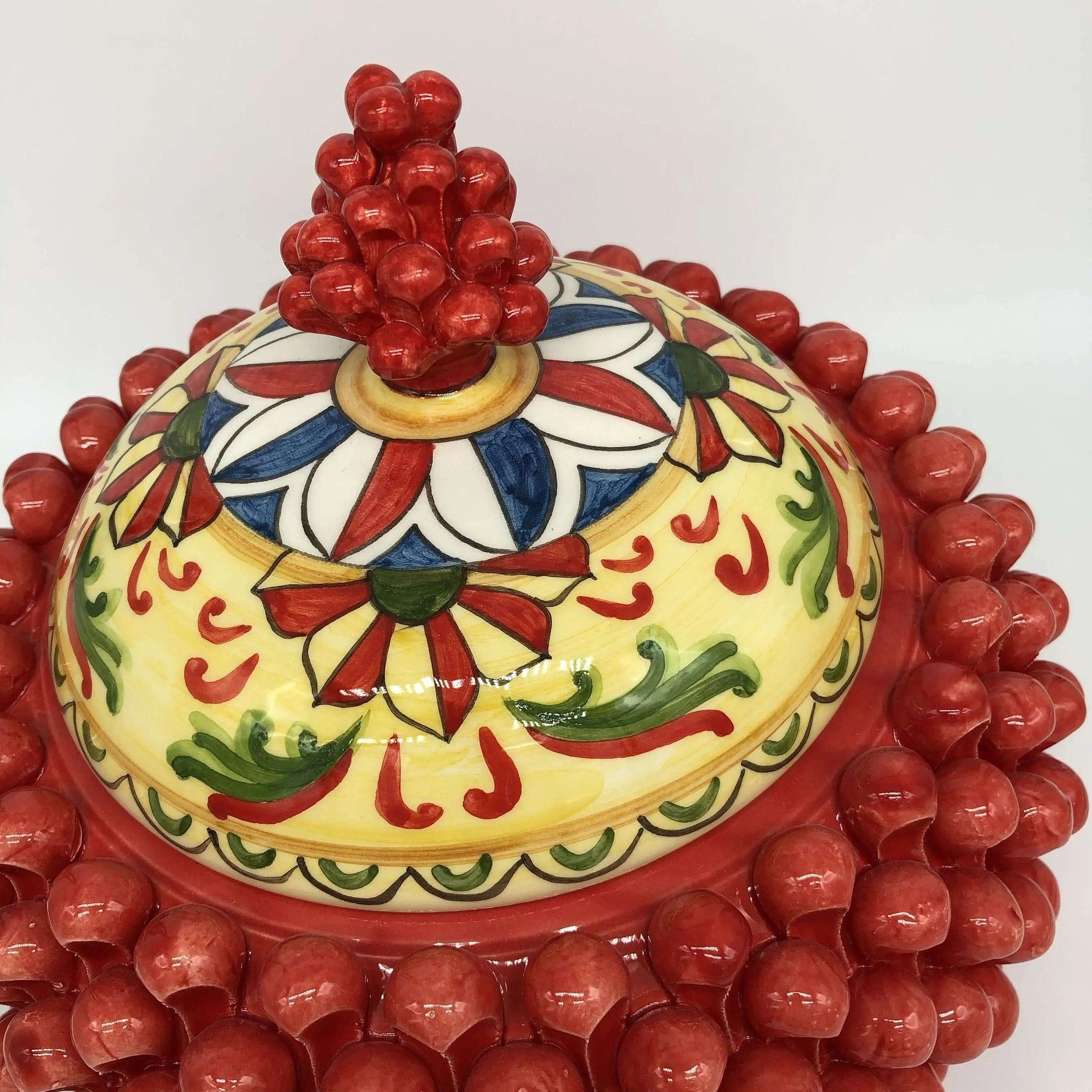 Pigna Biscottiera Decorata Ceramica Caltagirone cm H.23 L.25 D.14 Artigianale Rosso DD CERAMICHE SICILIANE
