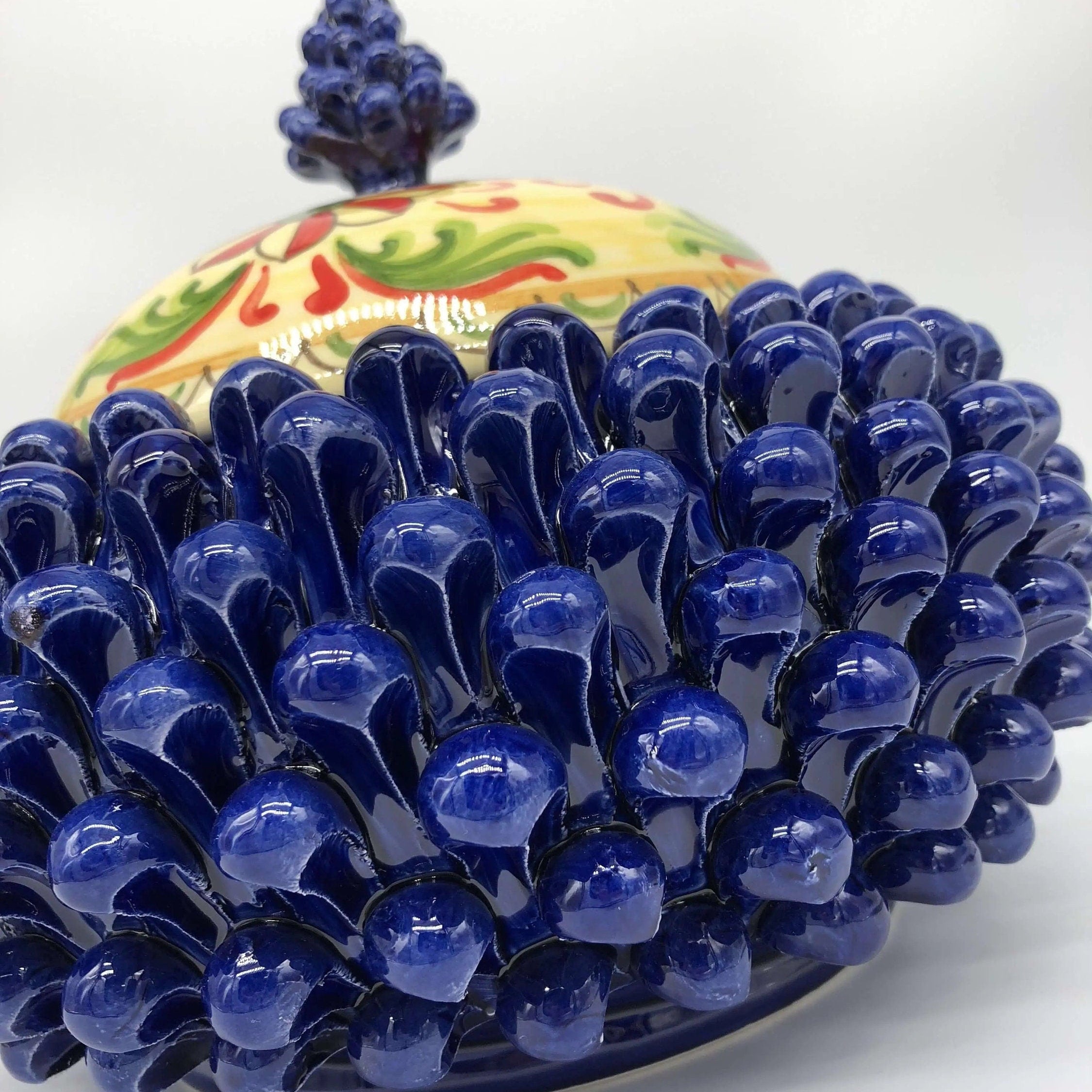 Pigna Biscottiera Decorata Ceramica Caltagirone cm H.23 L.25 D.14 Artigianale Blu DD CERAMICHE SICILIANE