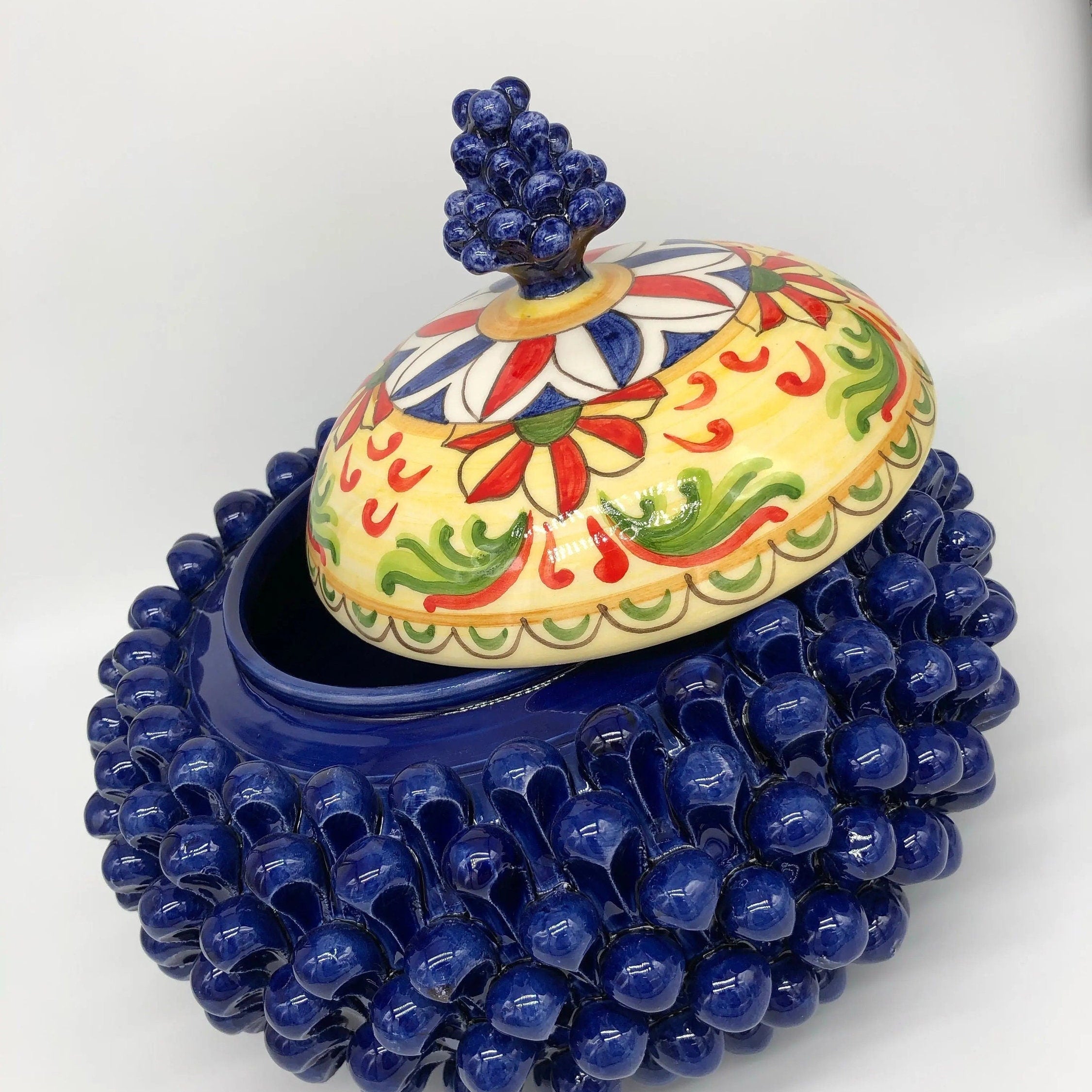 Pigna Biscottiera Decorata Ceramica Caltagirone cm H.23 L.25 D.14 Artigianale Blu DD CERAMICHE SICILIANE