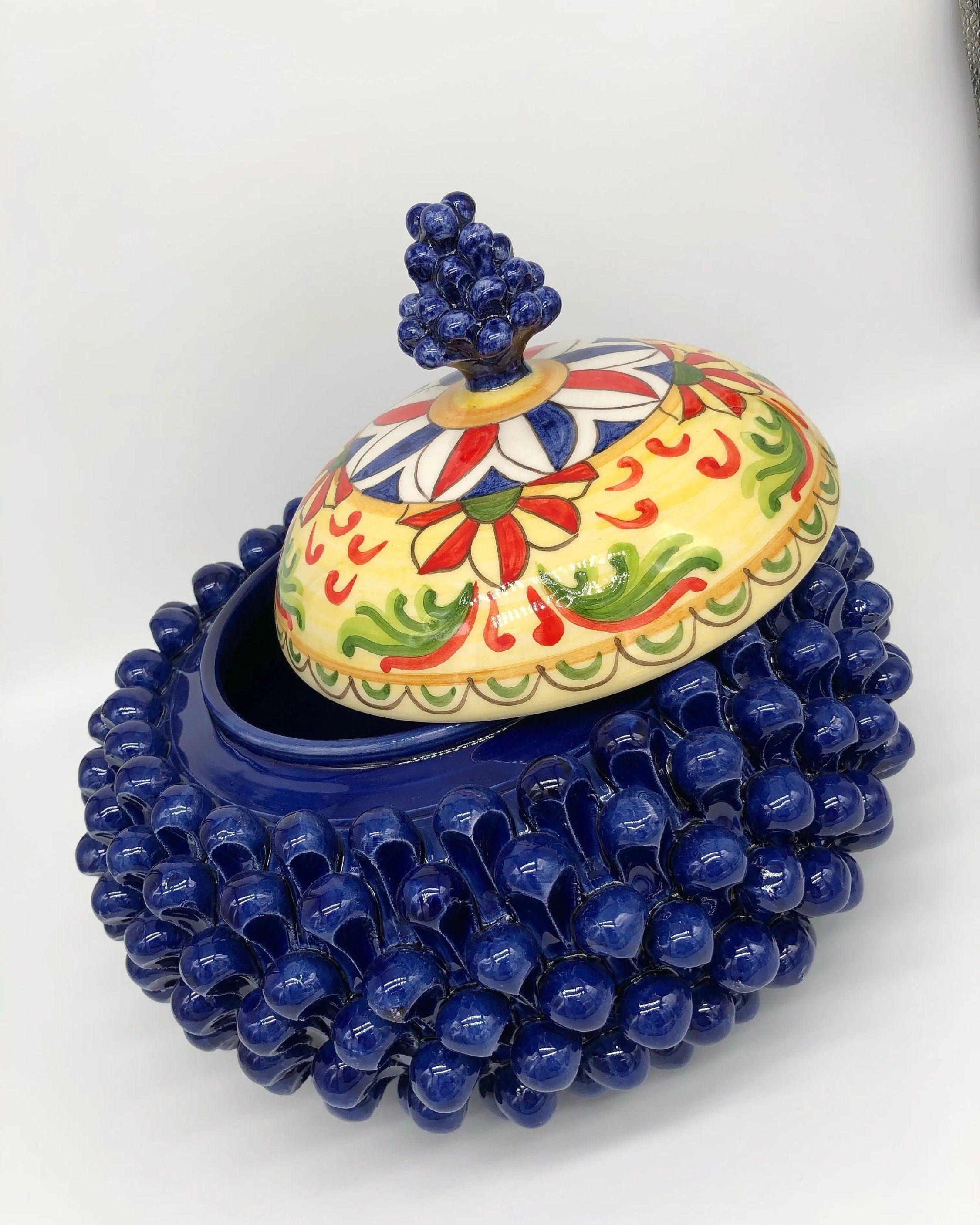 Pigna Biscottiera Decorata Ceramica Caltagirone cm H.23 L.25 D.14 Artigianale Blu DD CERAMICHE SICILIANE