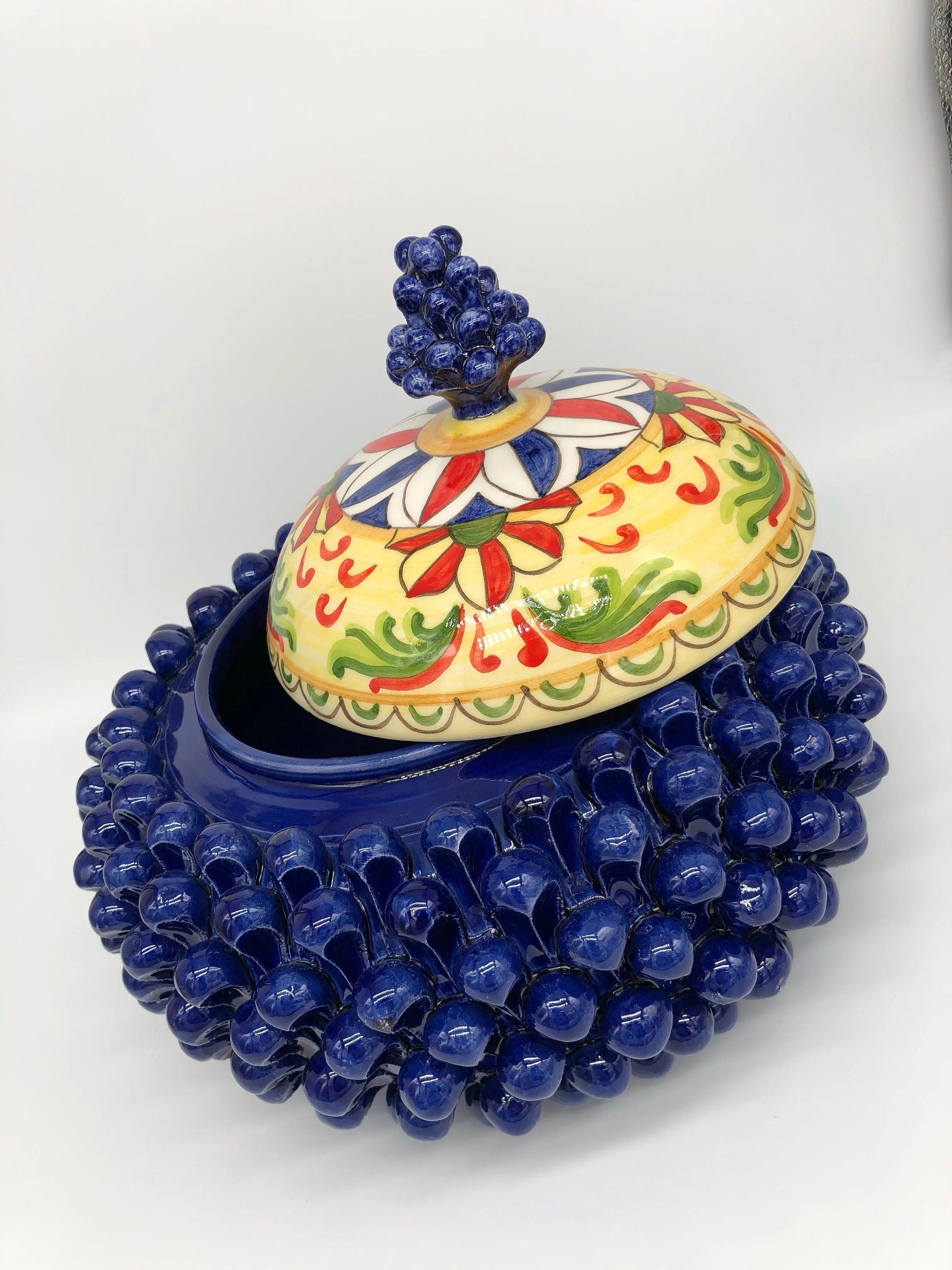 Pigna Biscottiera Decorata Ceramica Caltagirone cm H.23 L.25 D.14 Artigianale Blu DD CERAMICHE SICILIANE