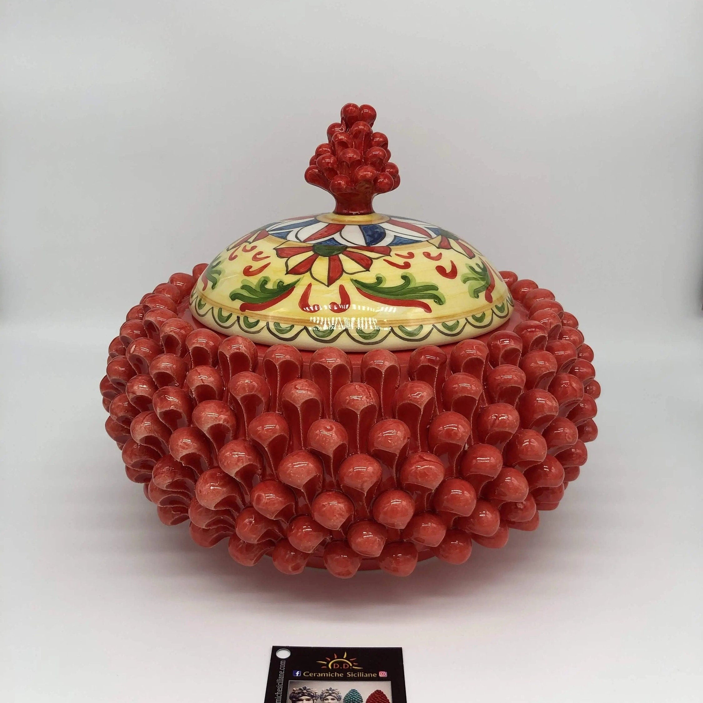 Pigna Biscottiera Decorata Ceramica Caltagirone cm H.23 L.25 D.14 Artigianale Rosso DD CERAMICHE SICILIANE