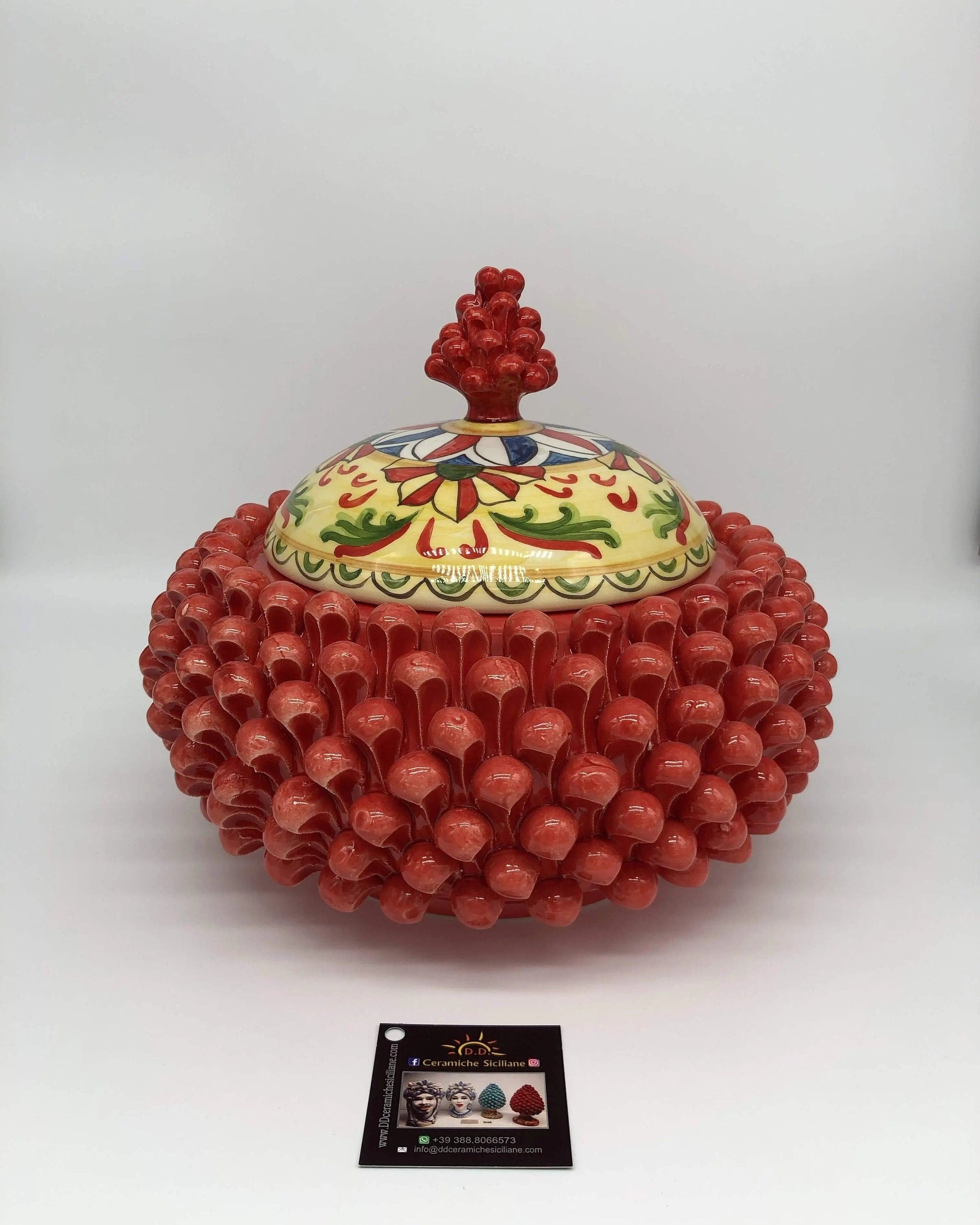 Pigna Biscottiera Decorata Ceramica Caltagirone cm H.23 L.25 D.14 Artigianale Rosso DD CERAMICHE SICILIANE