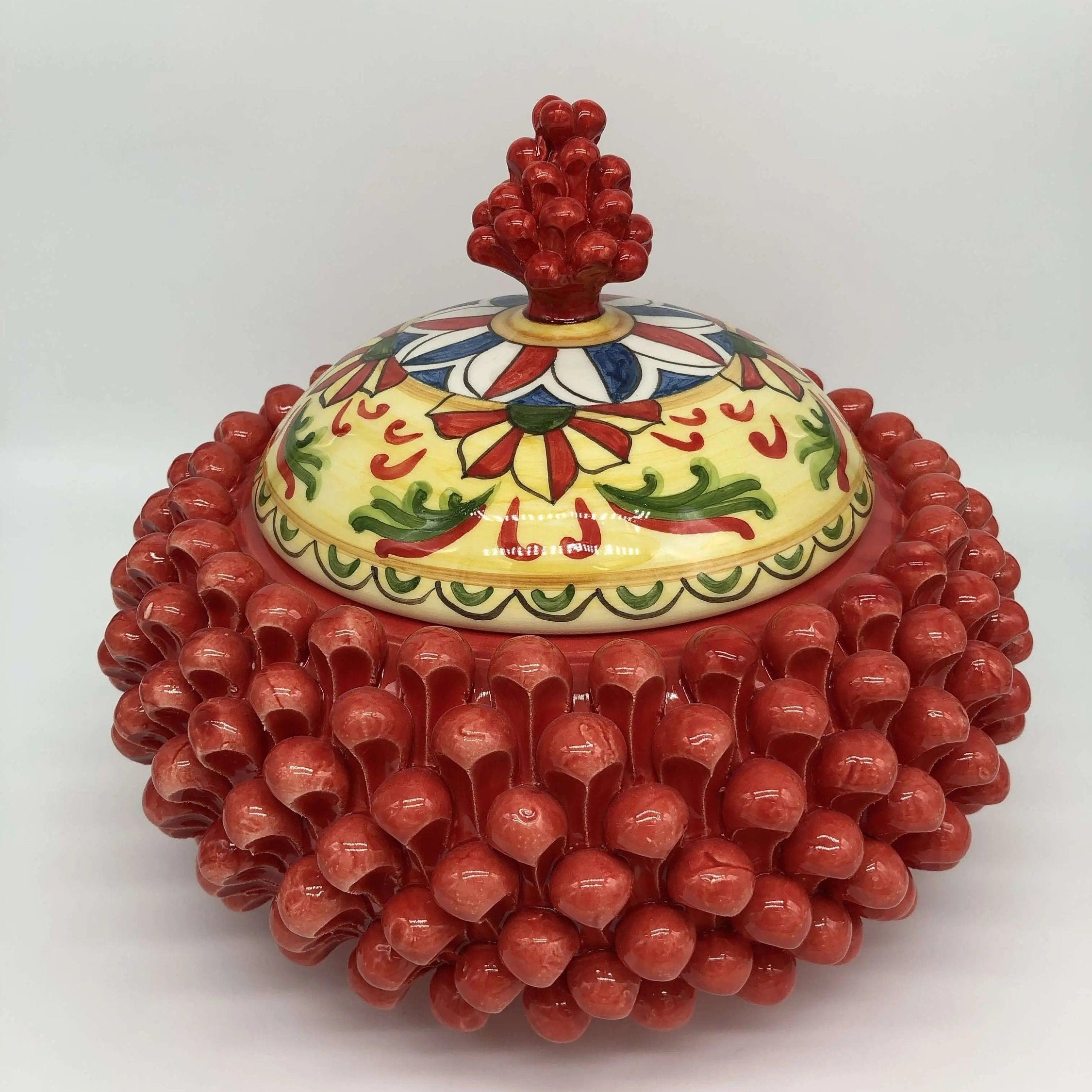 Pigna Biscottiera Decorata Ceramica Caltagirone cm H.23 L.25 D.14 Artigianale Rosso DD CERAMICHE SICILIANE