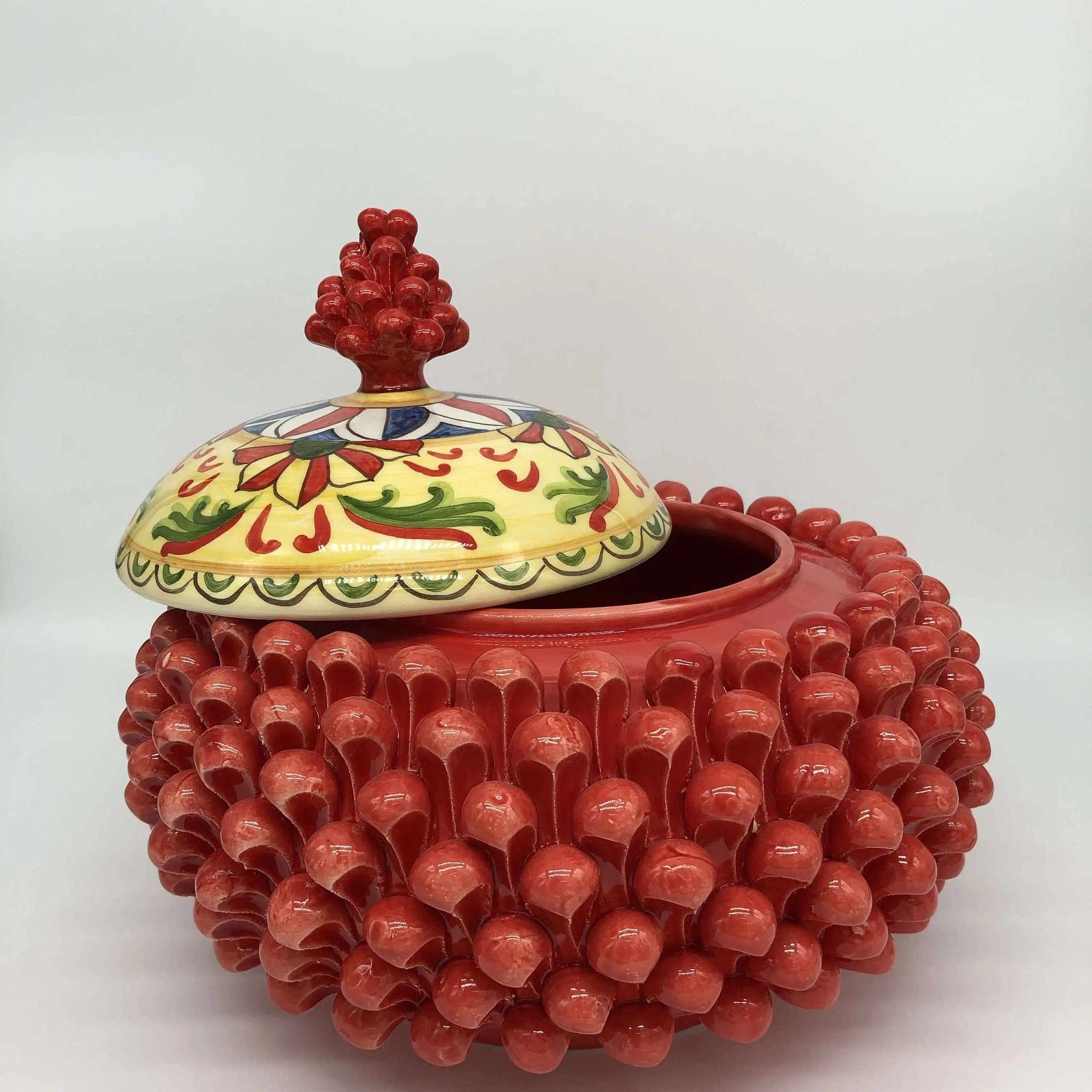 Pigna Biscottiera Decorata Ceramica Caltagirone cm H.23 L.25 D.14 Artigianale Rosso DD CERAMICHE SICILIANE