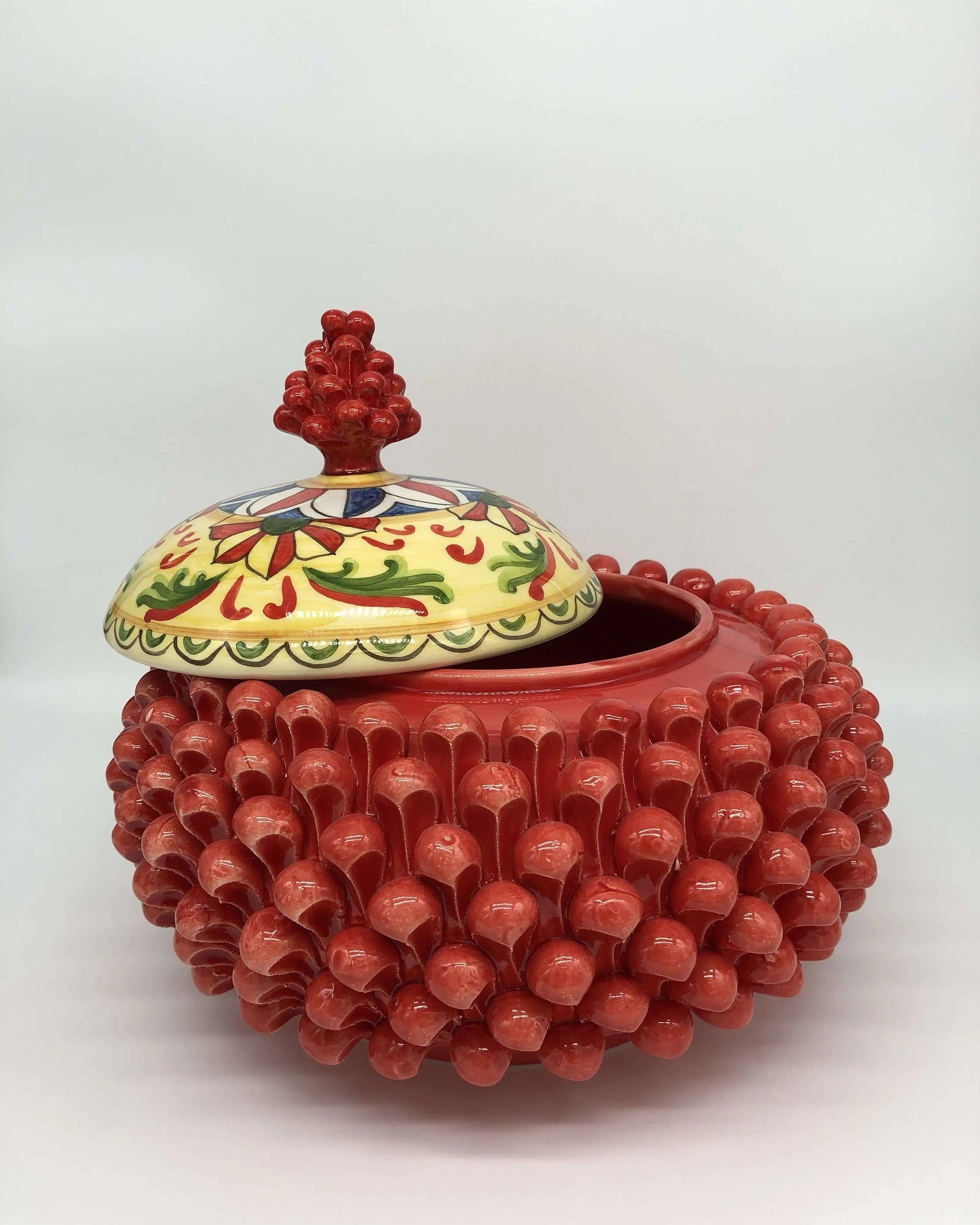 Pigna Biscottiera Decorata Ceramica Caltagirone cm H.23 L.25 D.14 Artigianale Rosso DD CERAMICHE SICILIANE
