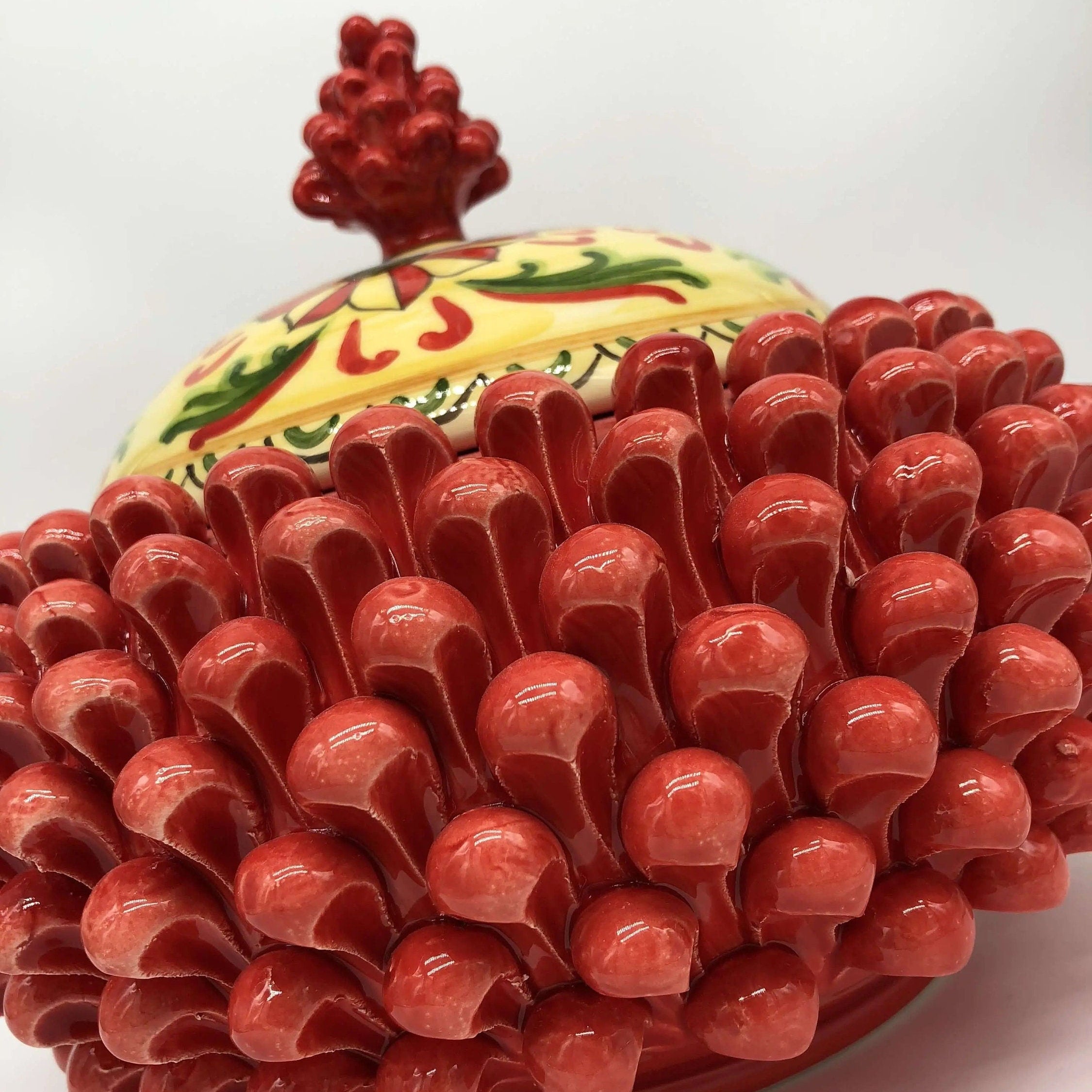 Pigna Biscottiera Decorata Ceramica Caltagirone cm H.23 L.25 D.14 Artigianale Rosso DD CERAMICHE SICILIANE
