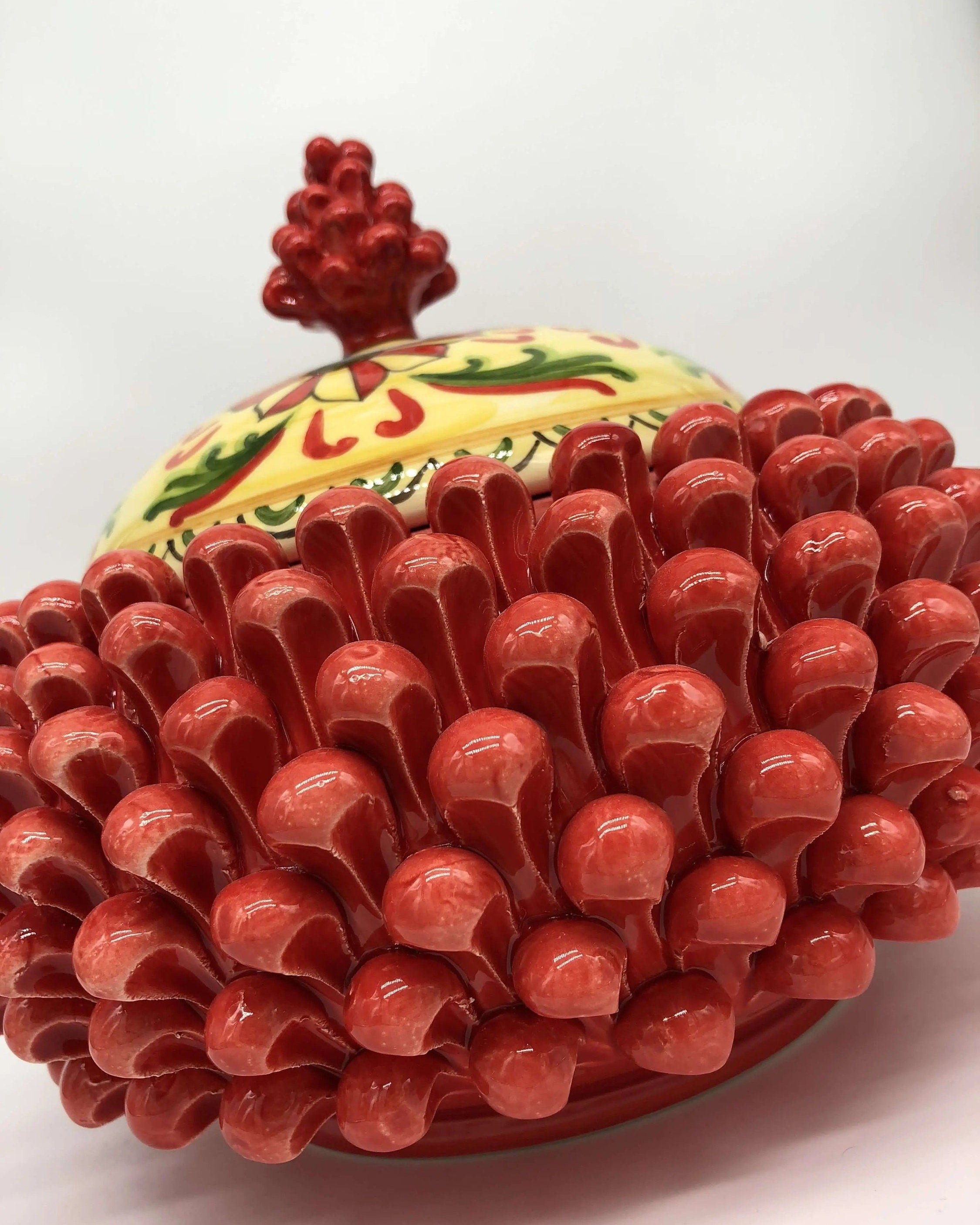 Pigna Biscottiera Decorata Ceramica Caltagirone cm H.23 L.25 D.14 Artigianale Rosso DD CERAMICHE SICILIANE