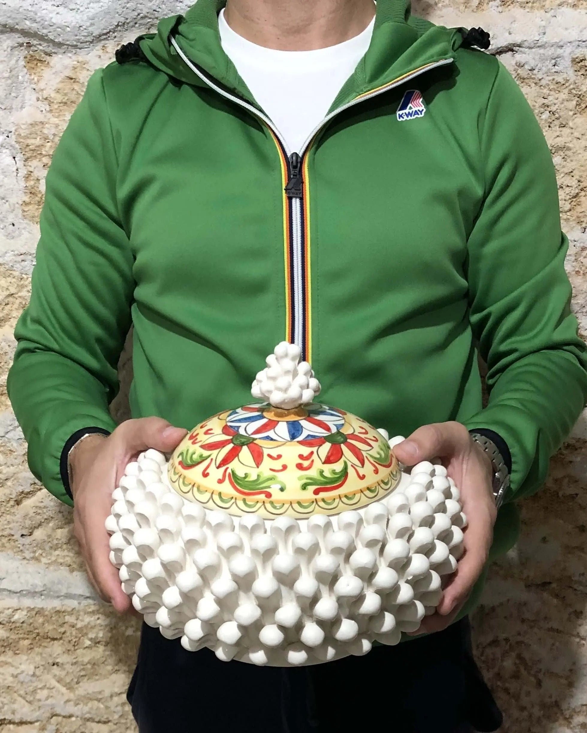 Pigna Biscottiera Decorata Ceramica Caltagirone cm H.23 L.25 D.14 Artigianale Bianco DD CERAMICHE SICILIANE