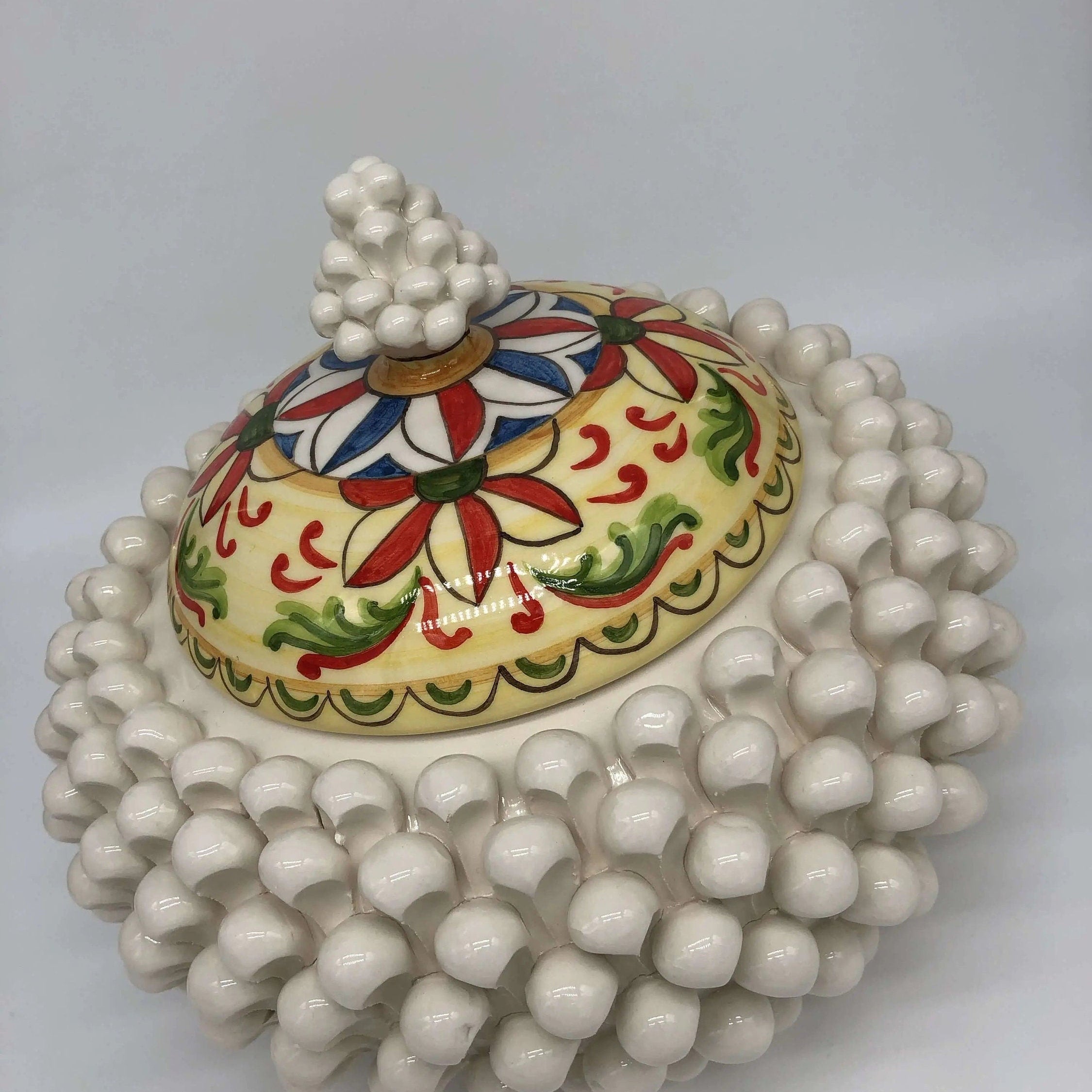 Pigna Biscottiera Decorata Ceramica Caltagirone cm H.23 L.25 D.14 Artigianale Bianco DD CERAMICHE SICILIANE