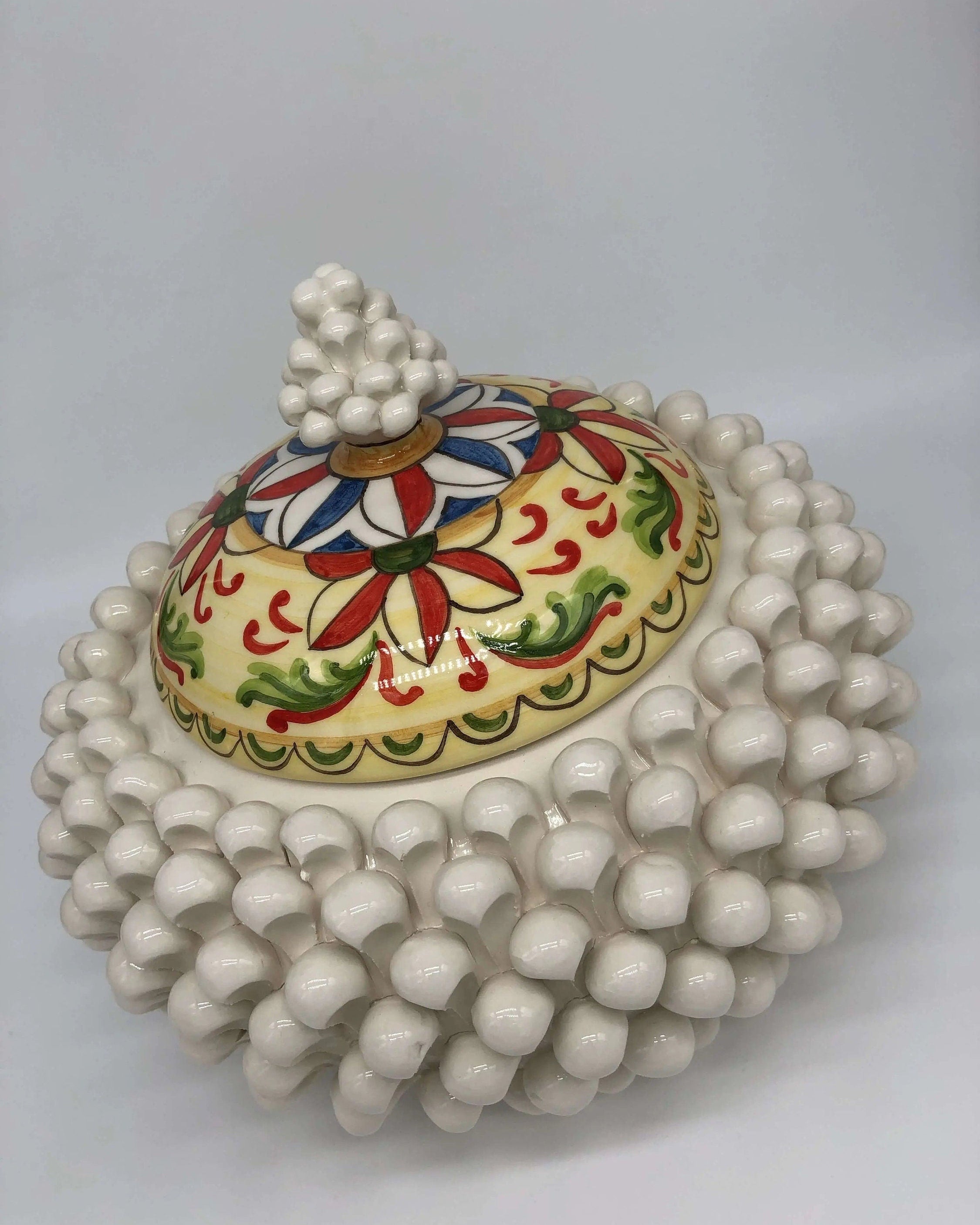 Pigna Biscottiera Decorata Ceramica Caltagirone cm H.23 L.25 D.14 Artigianale Bianco DD CERAMICHE SICILIANE