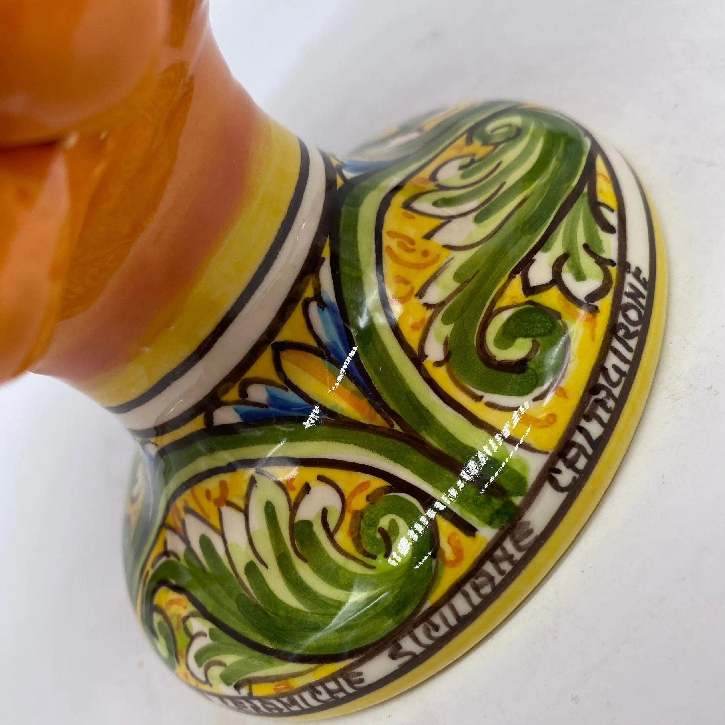 Pigna Ceramica Caltagirone cm H.20 Artigianale Arancione Base Decorata DD CERAMICHE SICILIANE