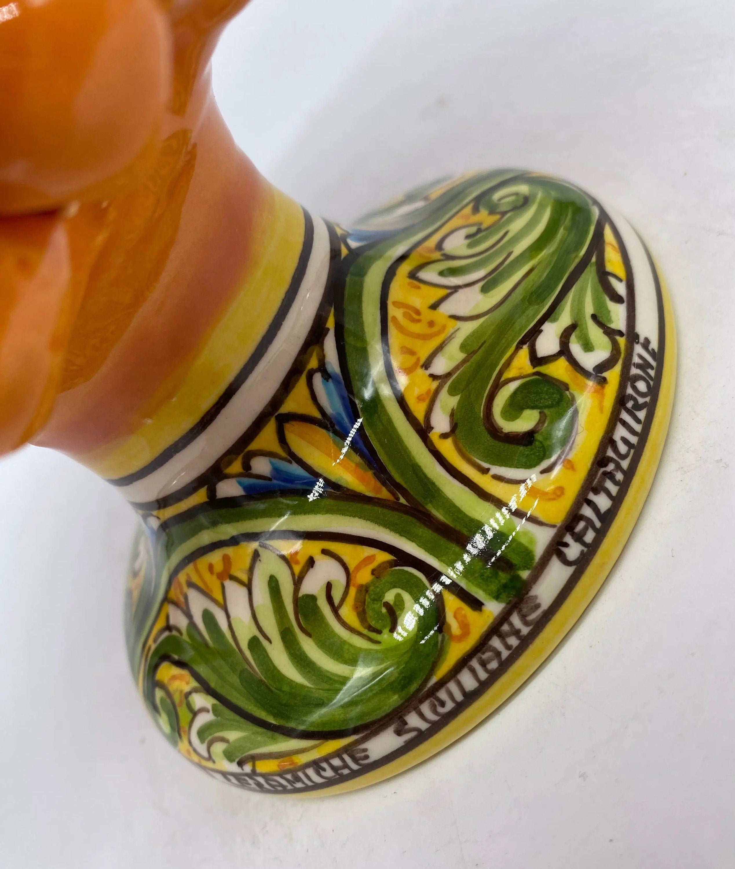 Pigna Ceramica Caltagirone cm H.20 Artigianale Arancione Base Decorata DD CERAMICHE SICILIANE