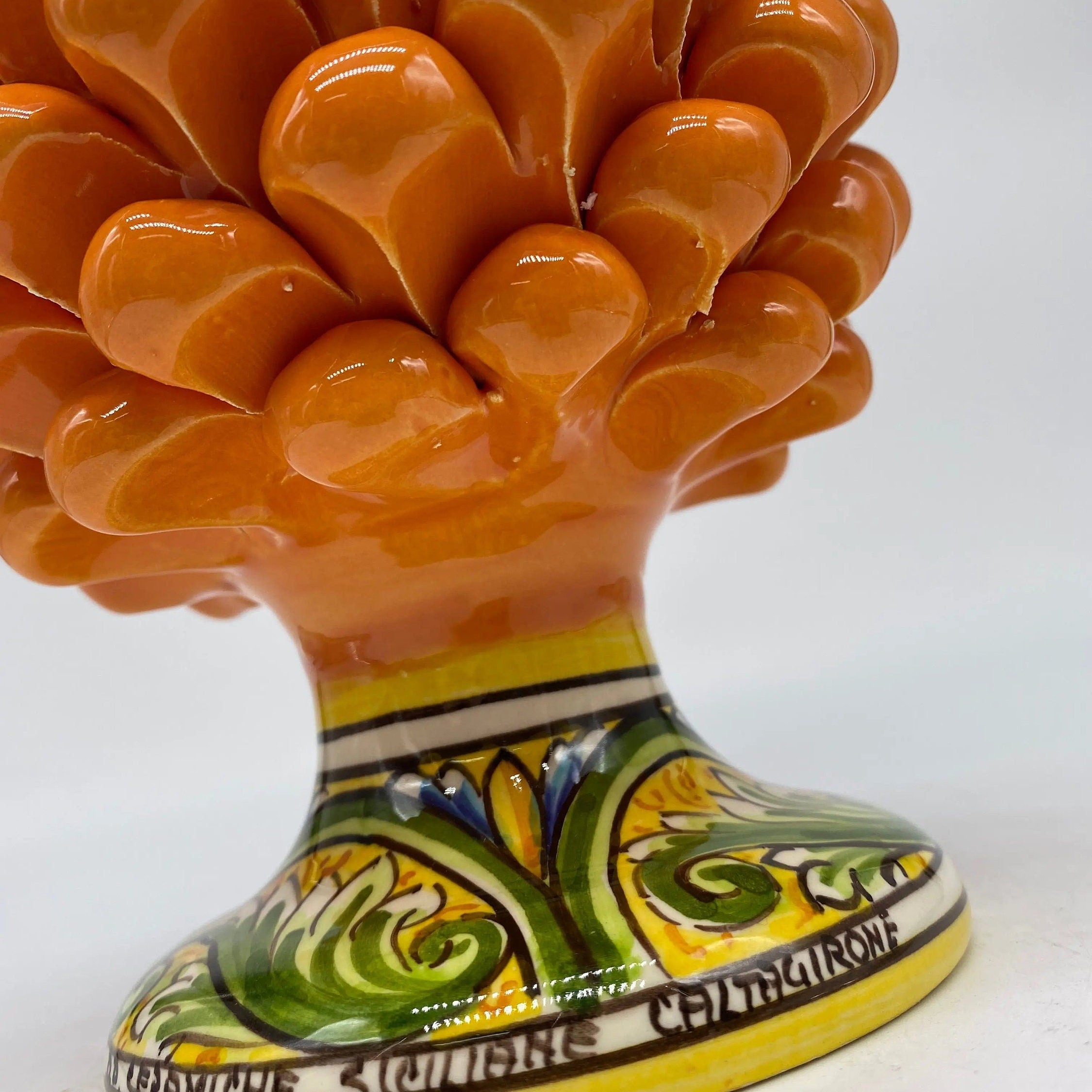 Pigna Ceramica Caltagirone cm H.20 Artigianale Arancione Base Decorata DD CERAMICHE SICILIANE