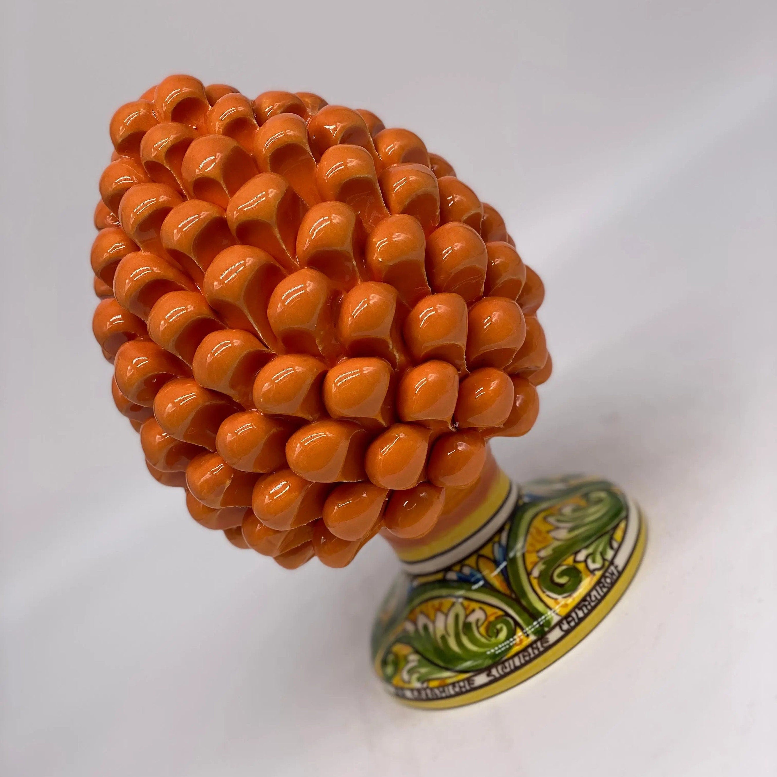 Pigna Ceramica Caltagirone cm H.20 Artigianale Arancione Base Decorata DD CERAMICHE SICILIANE