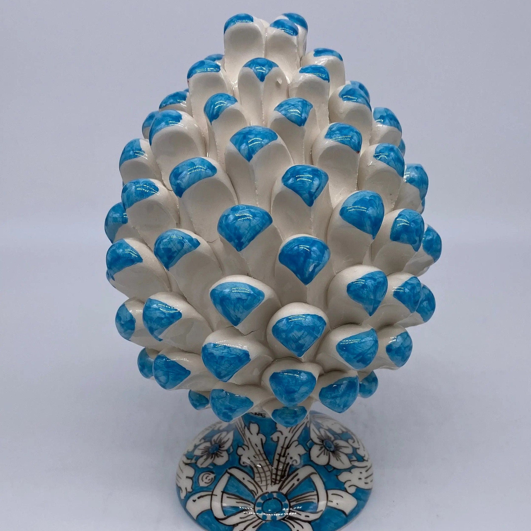 Pigna Ceramica Caltagirone cm H.20 Artigianale Base Decorata Punte Celeste DD CERAMICHE SICILIANE