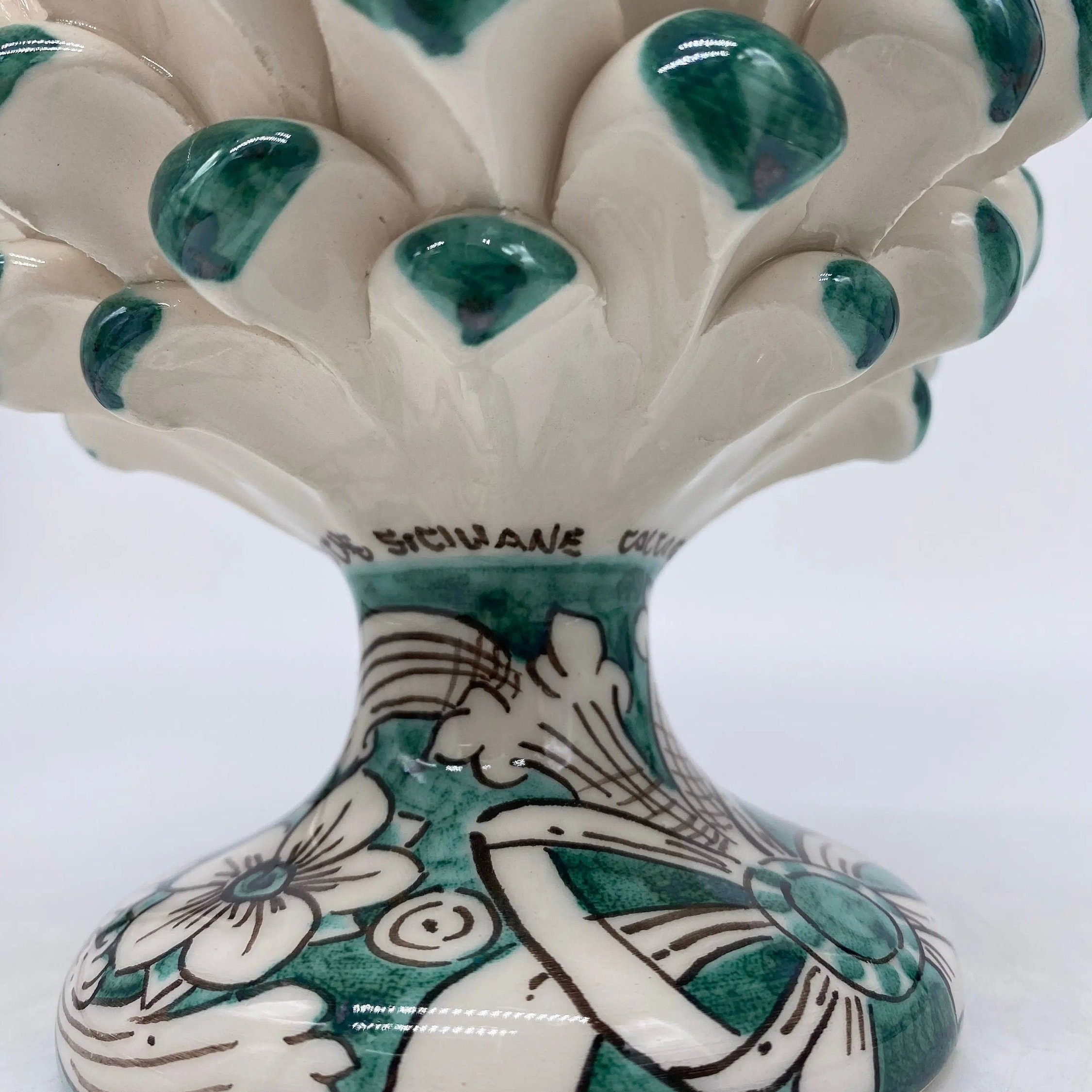 Pigna Ceramica Caltagirone cm H.20 Artigianale Base Decorata Punte Verde DD CERAMICHE SICILIANE