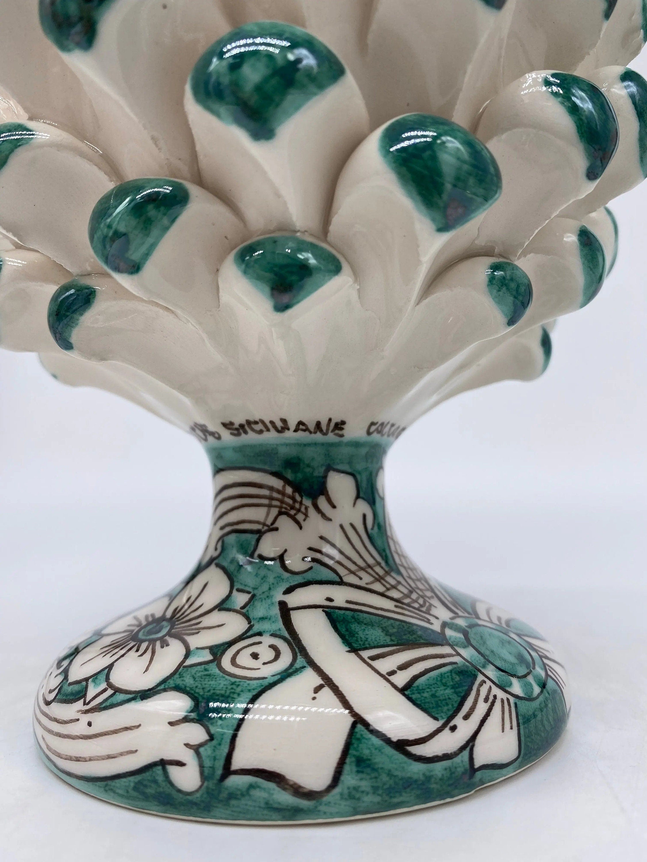 Pigna Ceramica Caltagirone cm H.20 Artigianale Base Decorata Punte Verde DD CERAMICHE SICILIANE