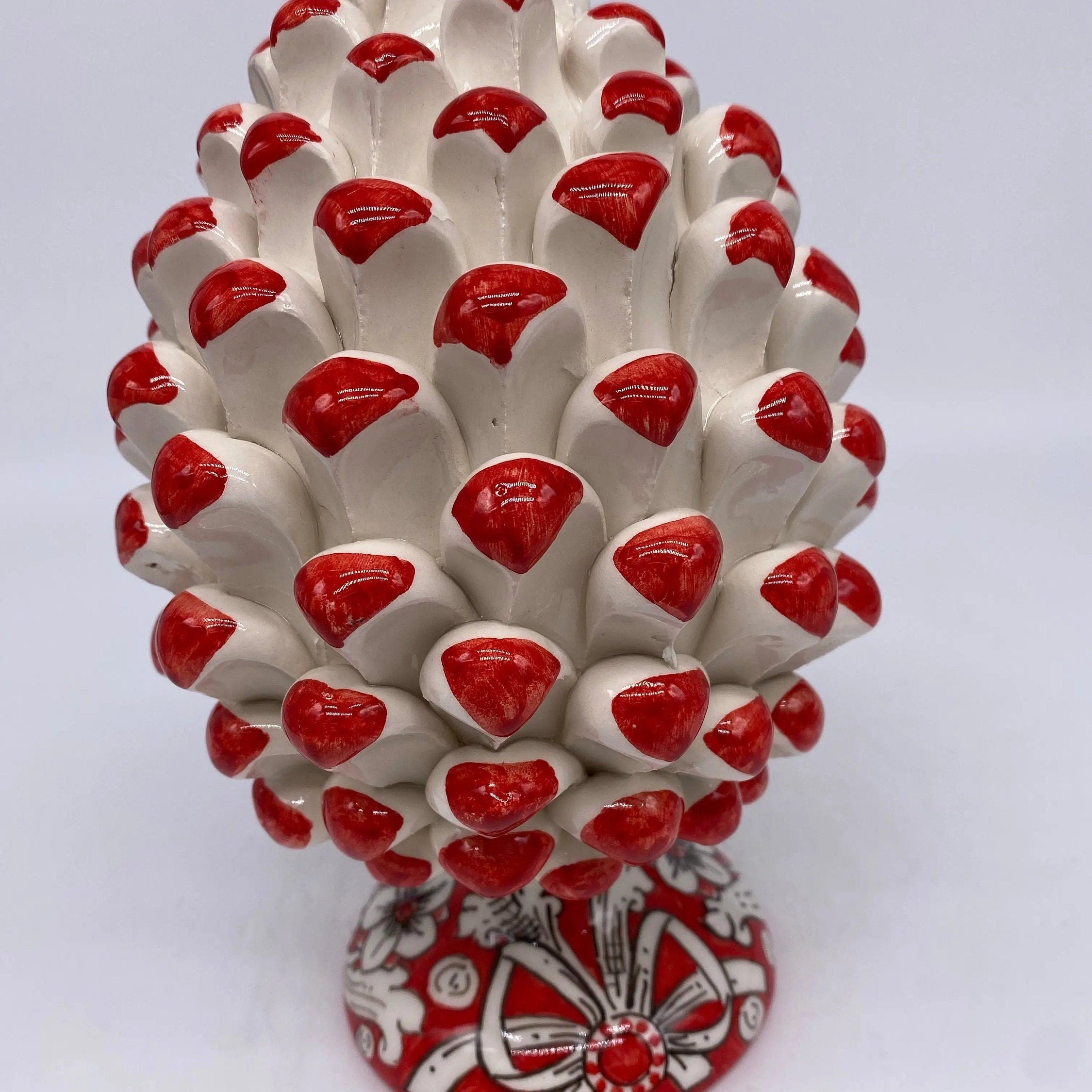 Pigna Ceramica Caltagirone cm H.20 Artigianale Base Decorata Punte Rosso DD CERAMICHE SICILIANE