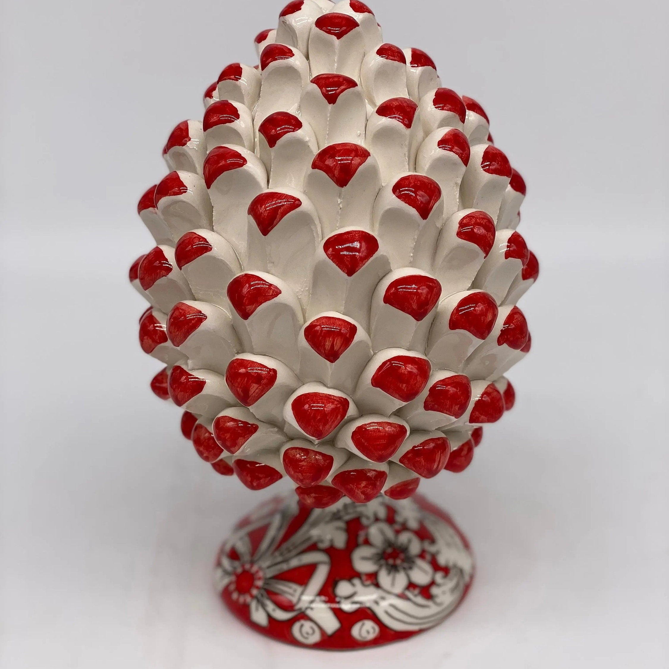 Pigna Ceramica Caltagirone cm H.20 Artigianale Base Decorata Punte Rosso DD CERAMICHE SICILIANE