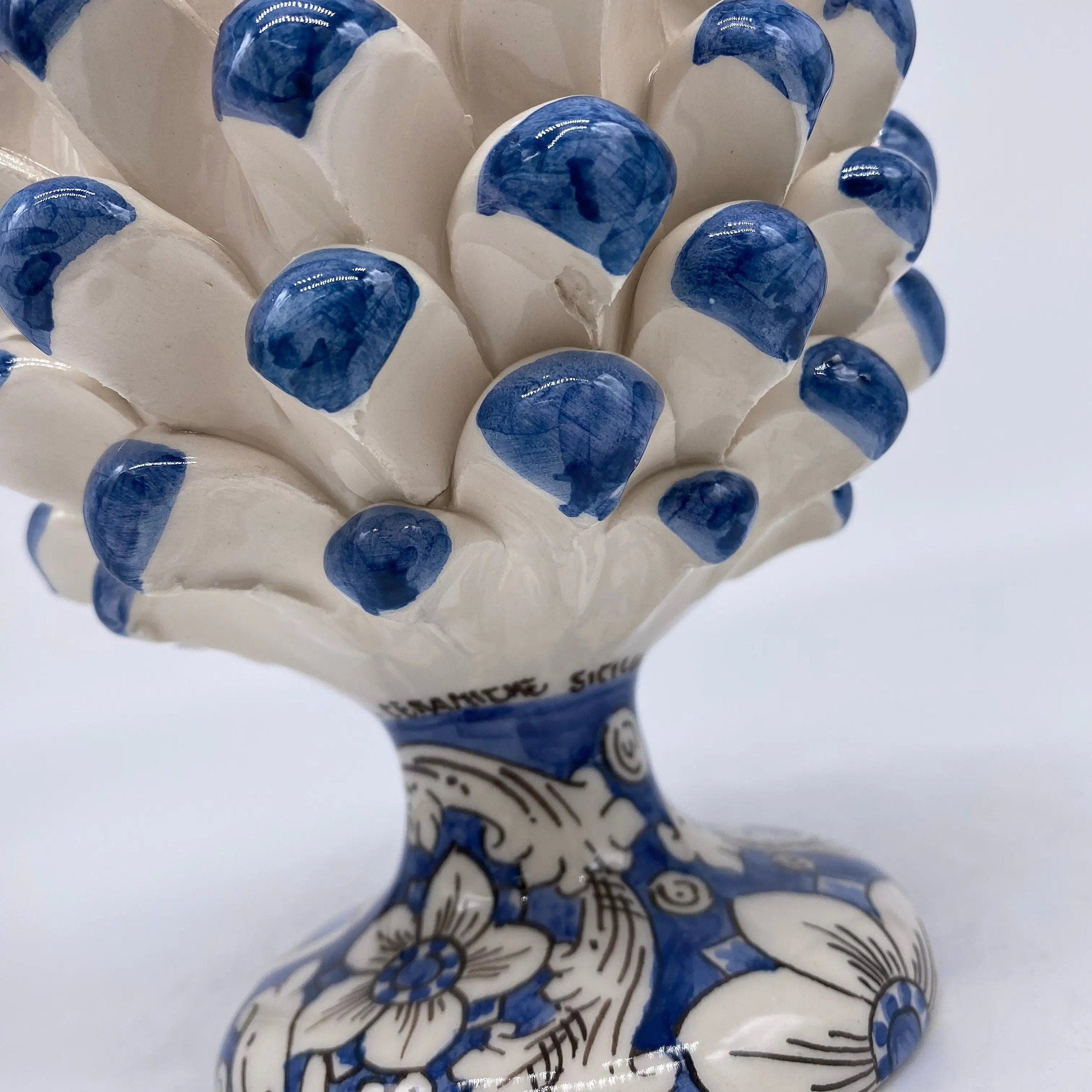 Pigna Ceramica Caltagirone cm H.20 Artigianale Base Decorata Punte Blu DD CERAMICHE SICILIANE